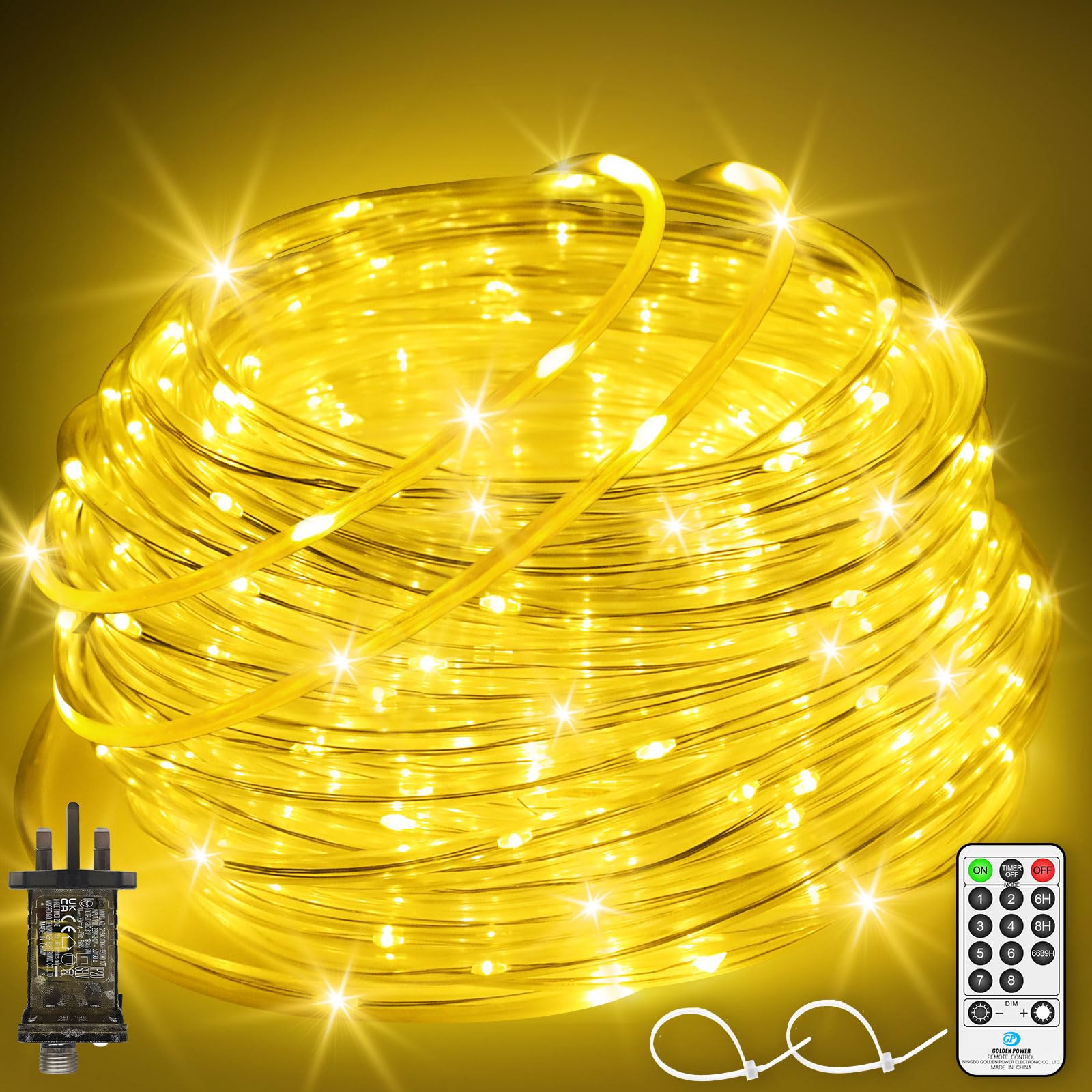 JXLEDAYY 98 FT 300 LED Christmas Rope Lights Outdoor String Lights Plug in Waterproof Tube Lights Mains Powered with 8 Modes Timer Remote for Outside Garden Pathway Tree Party Decorations-Warm White