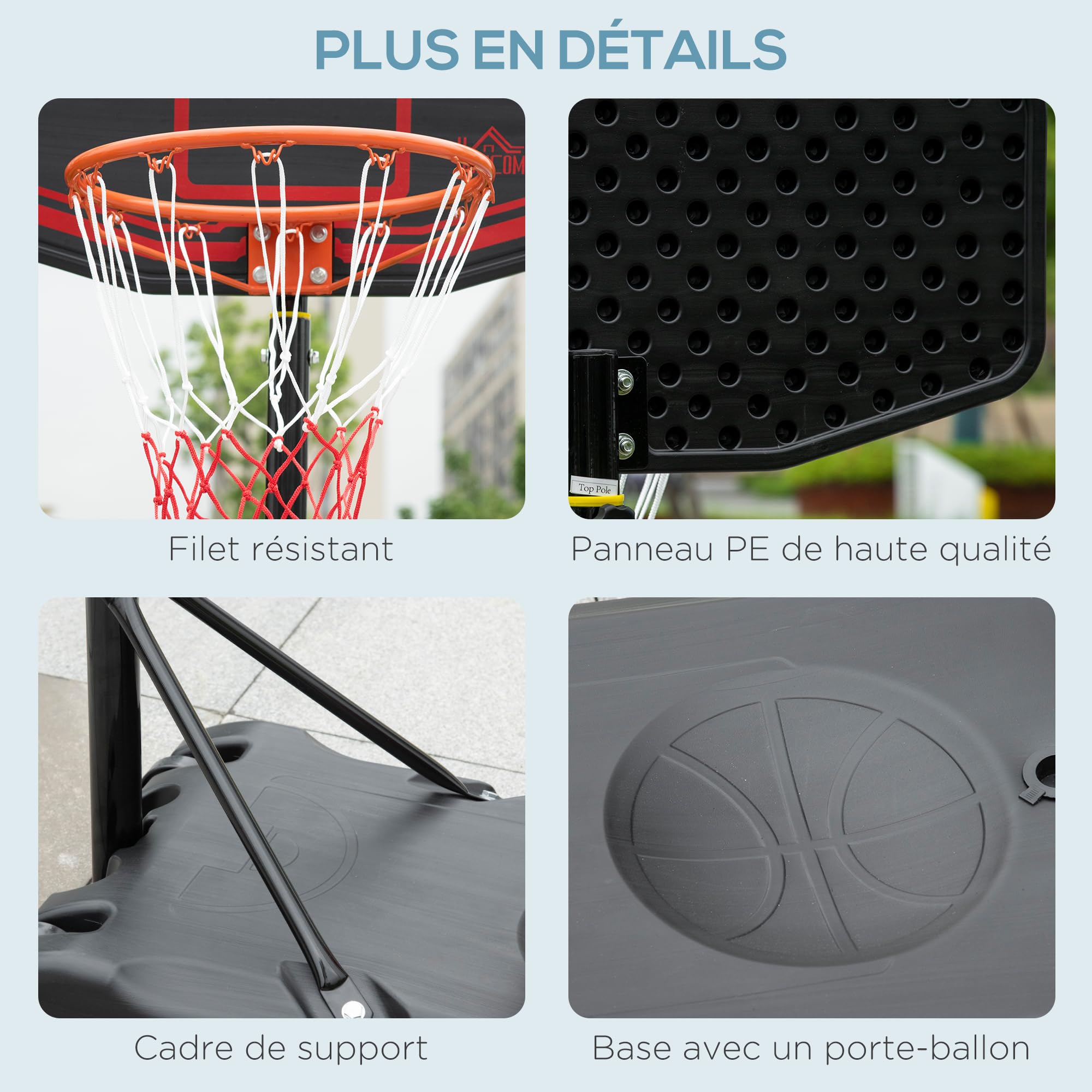 HOMCOM Panier de Basket extérieur avec Poteau Panneau, Base de lestage sur roulettes Hauteur réglable 2,1-2,6 m (Panier)
