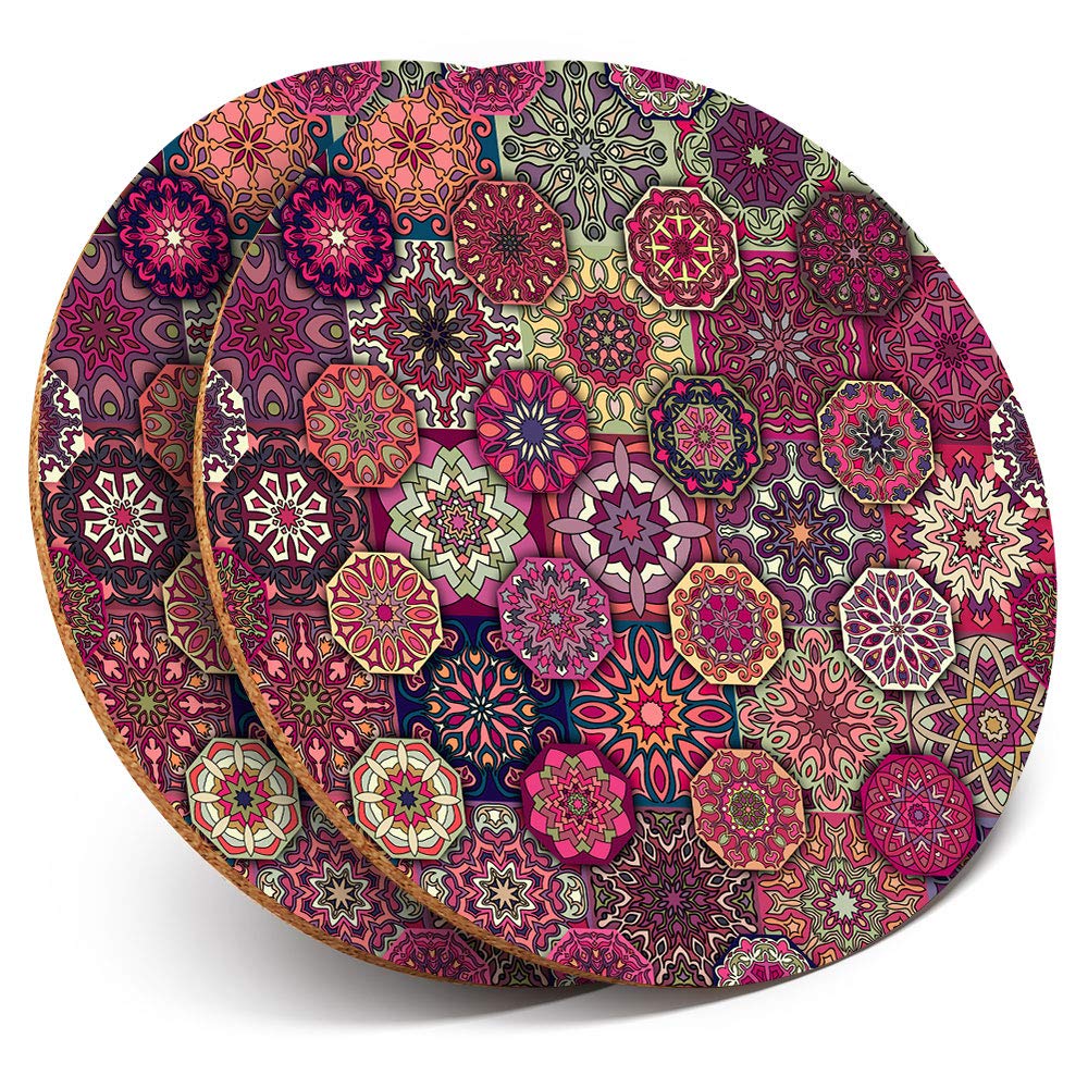 Destination Vinyl Ltd Multicolor 2 X Round Coasters - Purple Mandala Vintage Indian - Cork Backed Home Kitchen Accessory Tea Coffee Mug Mat #15503