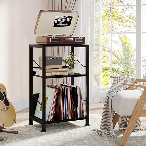 Miniatura 2 de Hosfais Soporte para tocadiscos de 3 niveles, discos de vinilo retro para almacenamiento de discos de vinilo para sala de estar y dormitorio (negro)