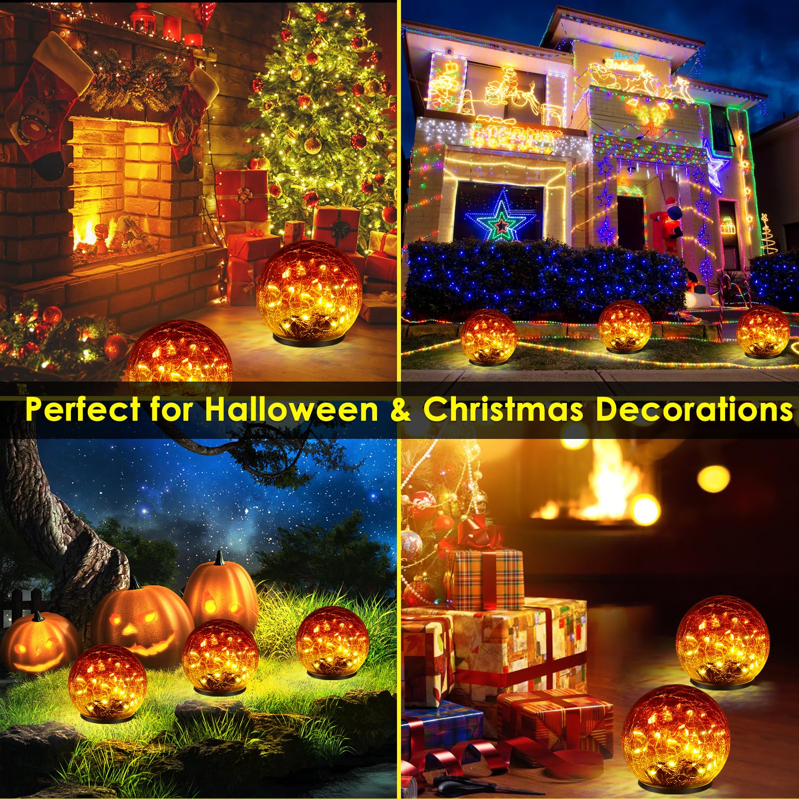 Paquete de 2 60 luces LED solares decorativas para exteriores, luces solares de cristal agrietado rojo degradado, luces de bola impermeables mejoradas para patio, camino, patio, césped
