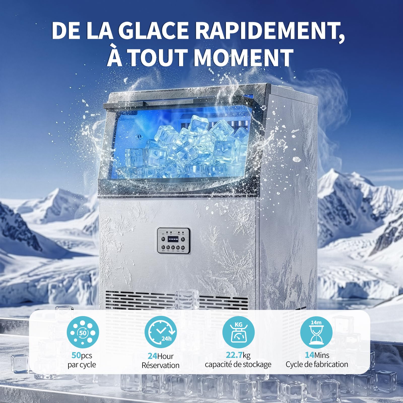 LEADZM Machine à Glaçons Commerciale 50 kg/24h, Capacité de Stockage 23 kg, 50 Glaçons par Cycle, Acier Inoxydable, Nettoyage Automatique, Idéale pour Bar, Restaurant et Café
