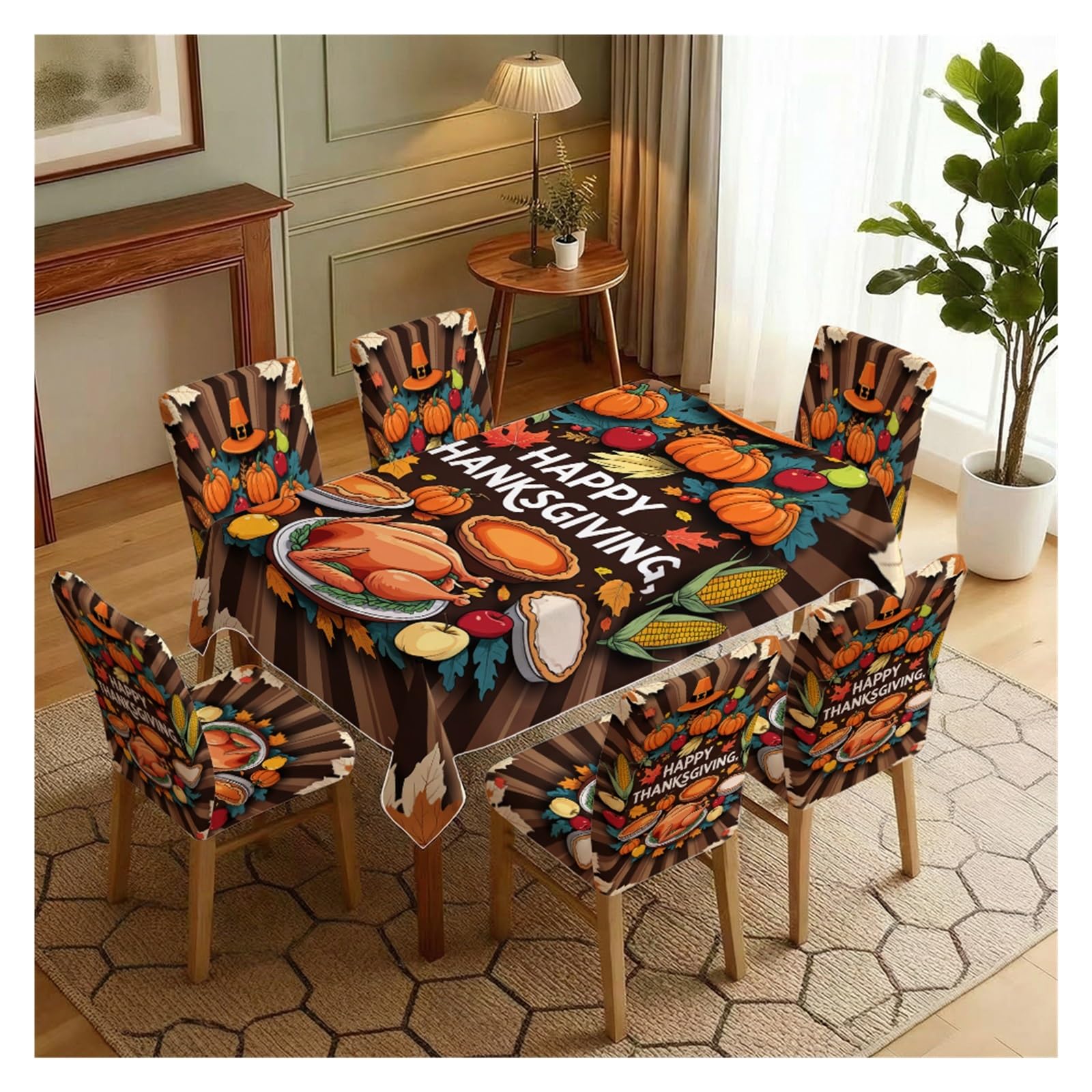 KXUAUV Happy Thanksgiving Print Stretch Dining Chair Covers & Tablecloth Set, 5/7 Pack Party Decor(7pcs Set: Tablecloth+Chair Covers)