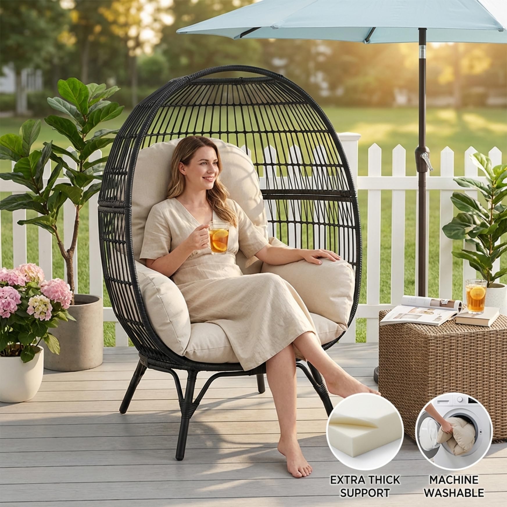 Egg Chair Cushion Replacement Thickened Round Egg Chair Cushion Machine Washable Outdoor Patio Swing Pad for Hanging Basket Indoor Outdoor Beige — view 4