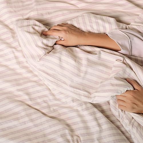 Miniatura 6 de Juego de funda de edredón natural 100% algodón lavado a rayas, 1 funda de edredón con 2 fundas de almohada, suave y de fácil cuidado (Milas,