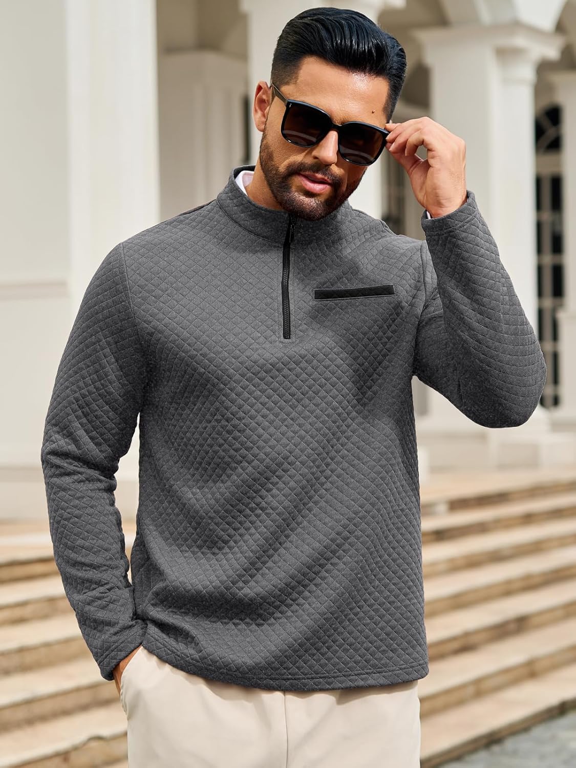 Auxo Mens Quarter Zip Pullover Quilted Sweatshirt Casual Long Sleeve Mock Neck Fall Sweater Polo - Image 5