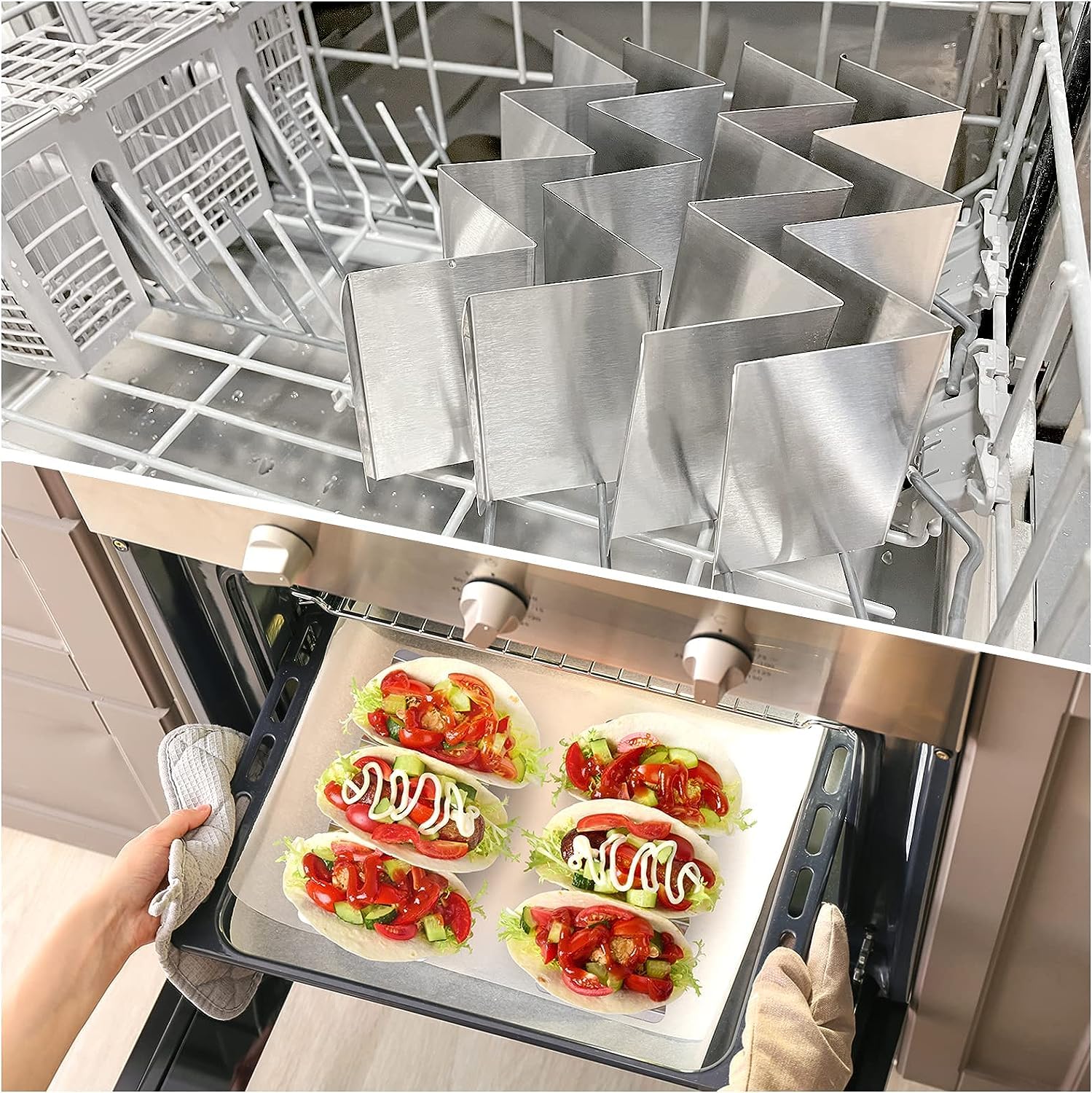 Homaxa Taco Holders 2 Packs - Stainless Steel Taco Stand Rack Tray Style by, Oven Safe for Baking, Dishwasher and Grill Safe 4