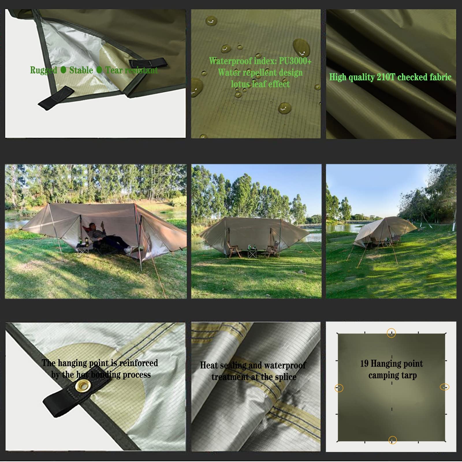 Tarp Wasserdicht, 3x3M Camping Zeltplane Beige, Anti-UV Schnee Regen Sonnen Schutz, Ultraleicht Tragbare Überlebenshelter für Hängematte, Outdoor Aktivitäten