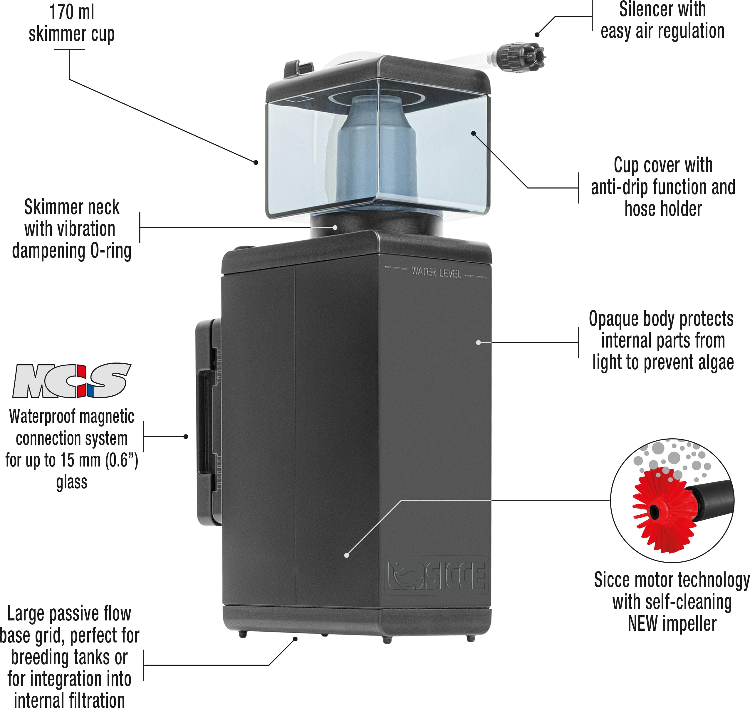 Sicce Shark Nano Protein Skimmer - Acuarios de agua salada de 150 hasta 40 galones | Bomba ultra silenciosa, ajustable, compacta, tanque de arrecife marino pequeño
