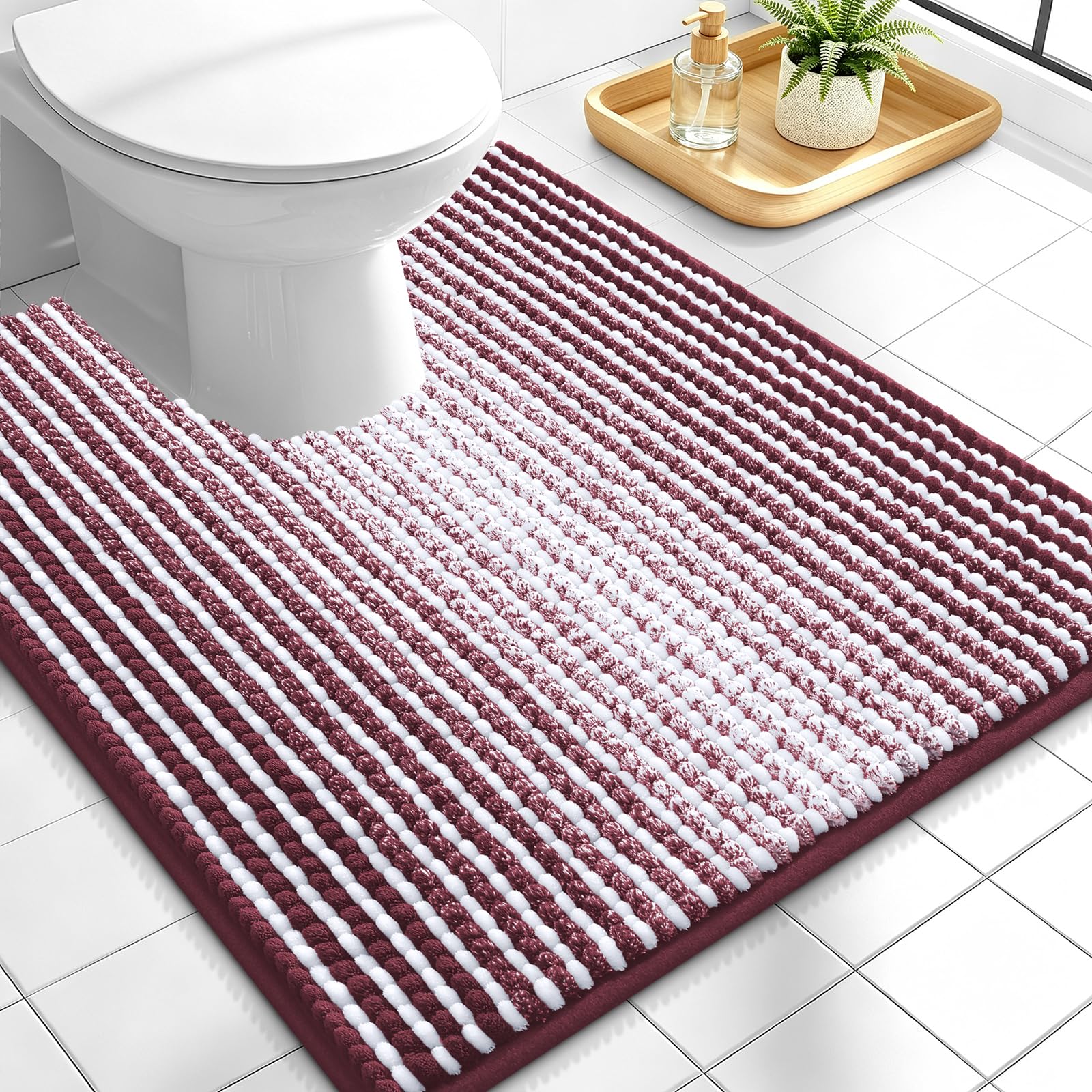 OLANLY Toilet Rugs U-Shaped 24x20, Soft Chenille Contour Bath Mat, Burgundy