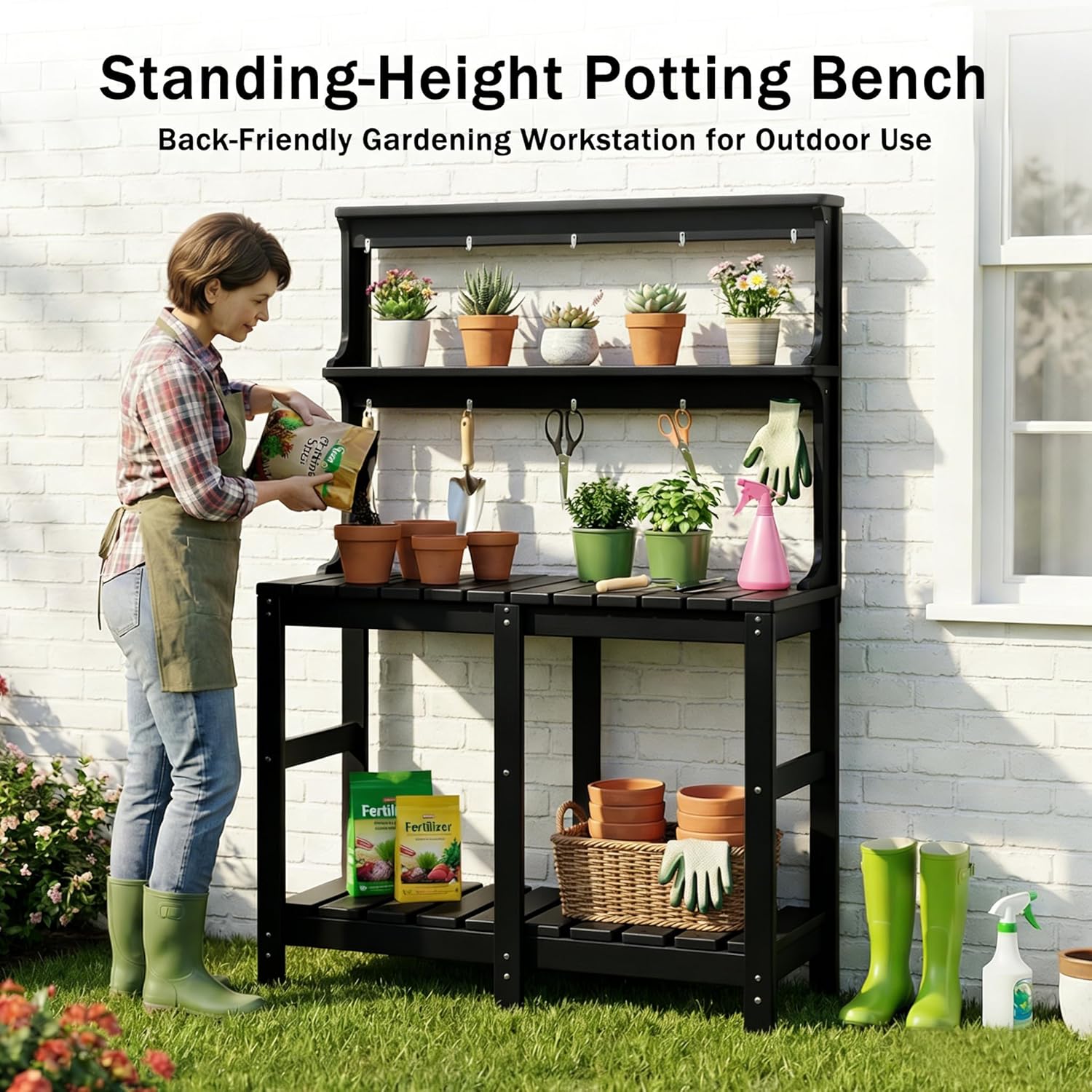 Outdoor Potting Bench with 3 Tier, All-Weather Patio Potting Table with Tool Hooks, HDPE Gardening Table for Backyard, Garden, Black