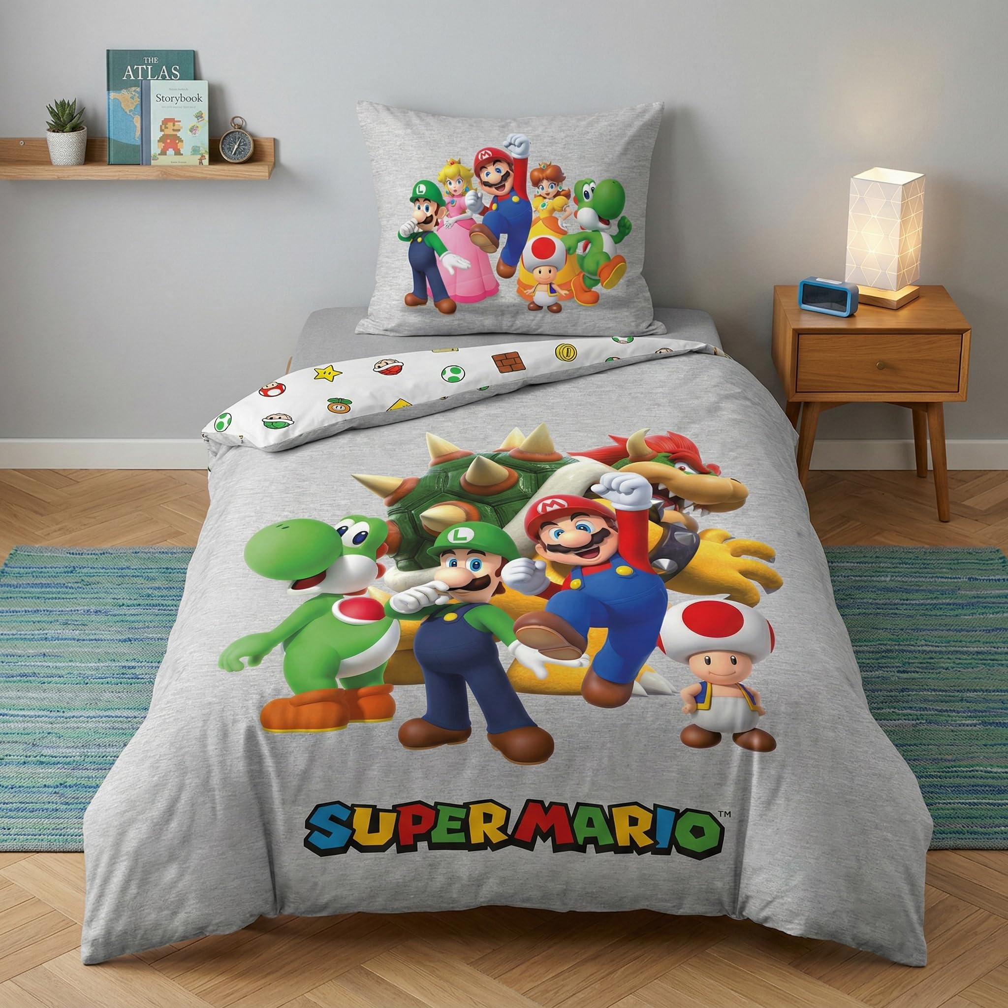 Set di Biancheria da Letto Super Mario 135 x 200 cm + 80 x 80 cm · Con Mario, Luigi, Toad, Peach, Wario e Yoshi · Set di Biancheria da Letto per Bambini, Singolo, 2 Pezzi, Copripiumino + Federa