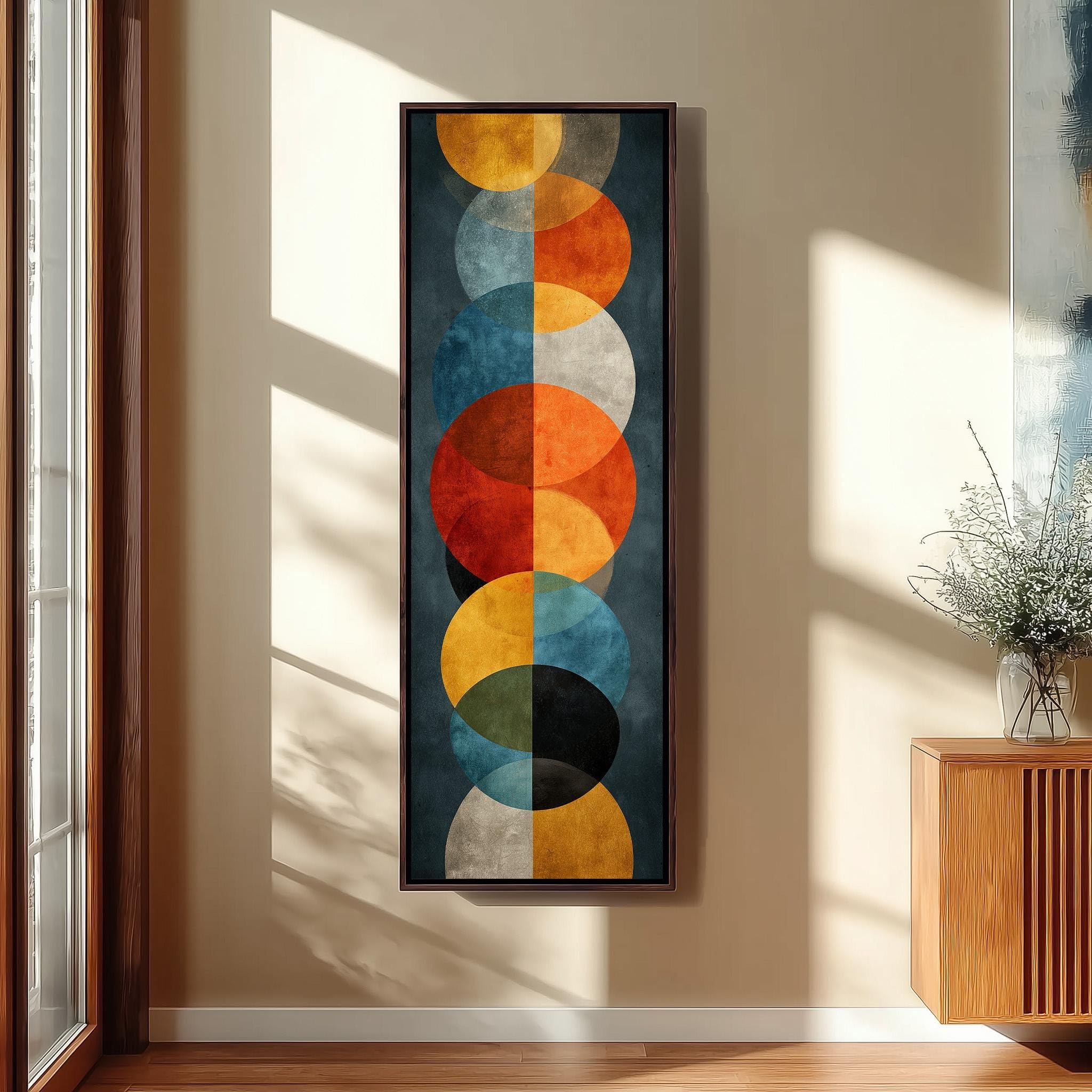 Geometryczna sztuka z połowy XX wieku, pionowe płótno, wysokie, wąskie pomarańczowo-turkusowe koła, dekoracja ścienna w stylu retro, wydruki plakatów w stylu vintage (60 x 180 cm/rama wewnętrzna)