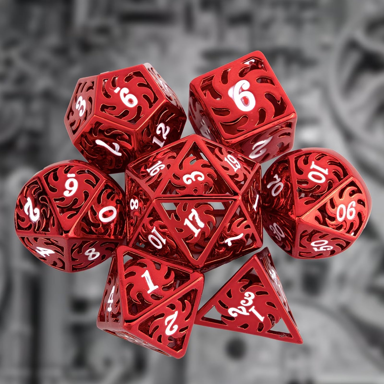 7 Dés en Métal Blanc et Rouge, Polyèdres Creux, Compatibles avec Les Jeux de Rôle, de Plateau et de Cartes