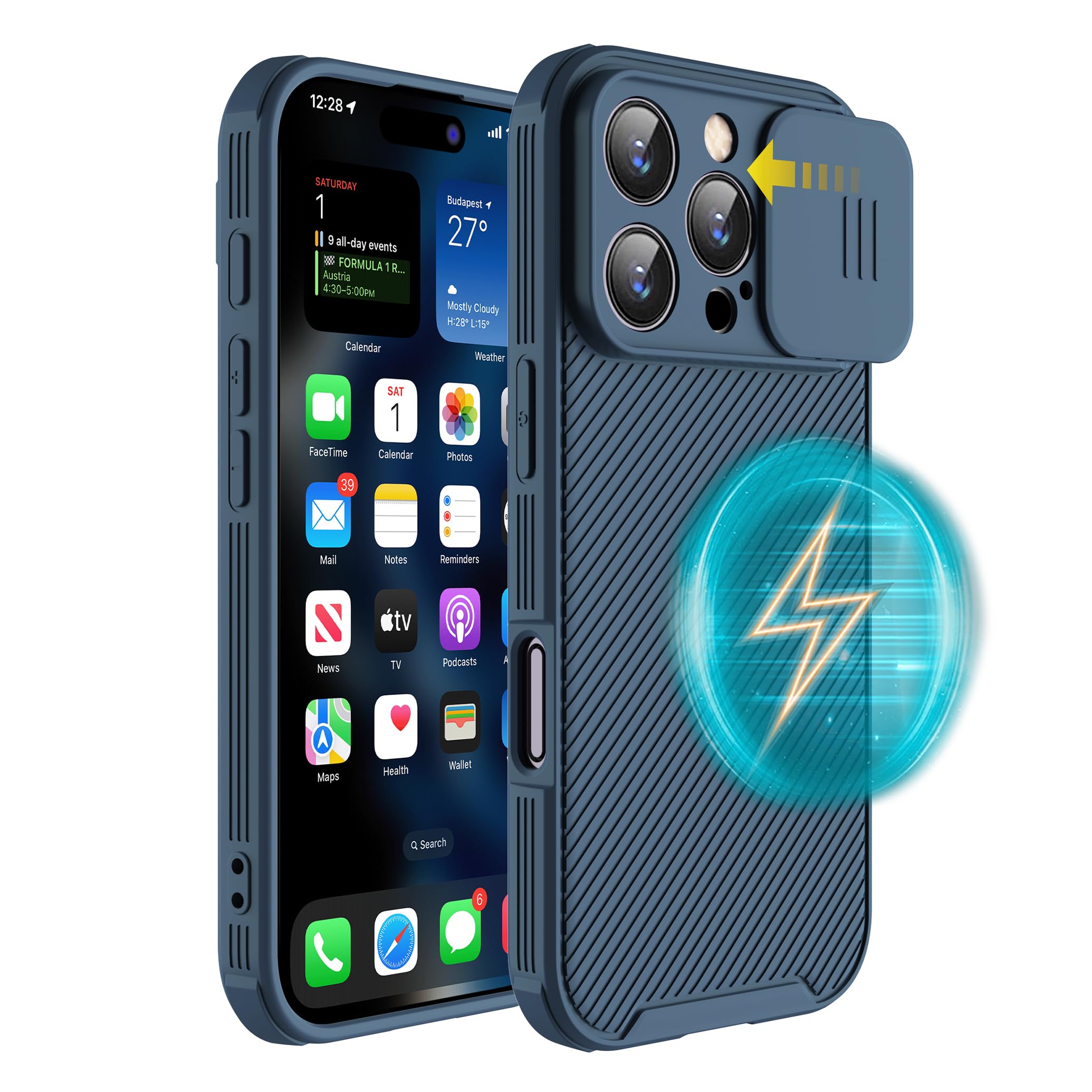 Hitaoyou iPhone 16 Pro Max Case, Slim Shockproof Case with Slide Lens Cover, MagSafe Compatible, Blue