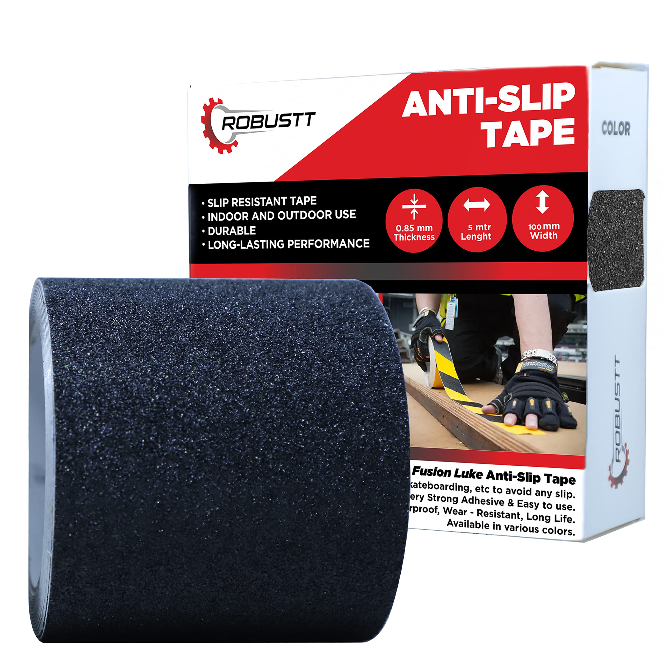 Robustt Anti Skid/AntiSlip 5mtr(guaranteed) X100mm (Pack of 1) Black Fall Resistant with PET Material and Solvent Acrylic Adhesive Tape for Slippery Floors, Staircase, Ramps, Indoor, Outdoor Use