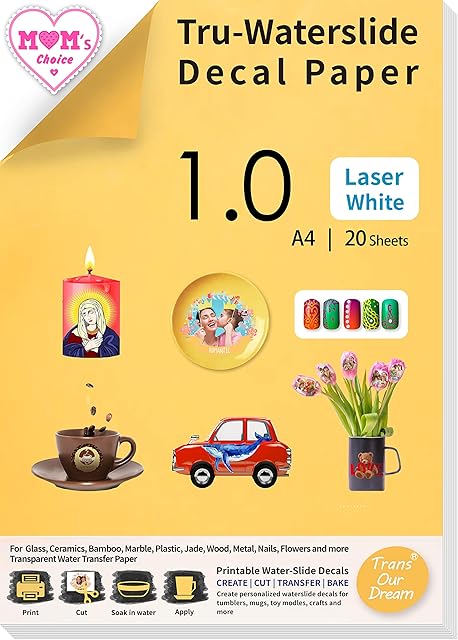TransOurDream Tru-Laser Waterslide Decal Paper 20 Sheets A4 No Spray Varnish White Film Water Transfer Mug Ceramic Photo Printing Decal Paper Candles for Laser Printer(TOD-021-20)