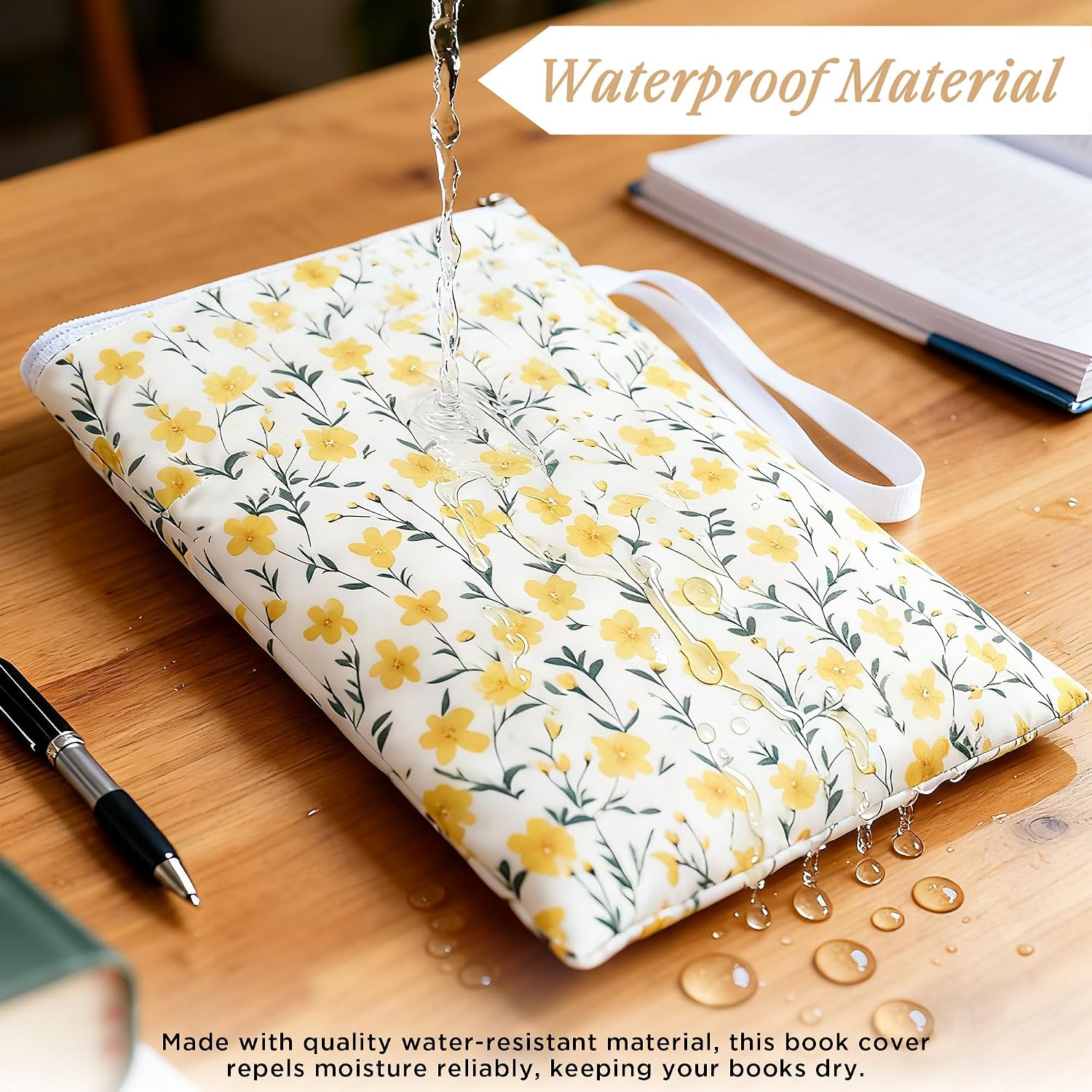 Book Sleeve with Zipper, 11''x 9'' Waterproof Paperback Sleeve for Book Lovers Books Pouch Cover with Handle for Hardcovers Kindle Sleeve for Reader Teacher Women (Yellow flower, 11x 9 inch) image 4