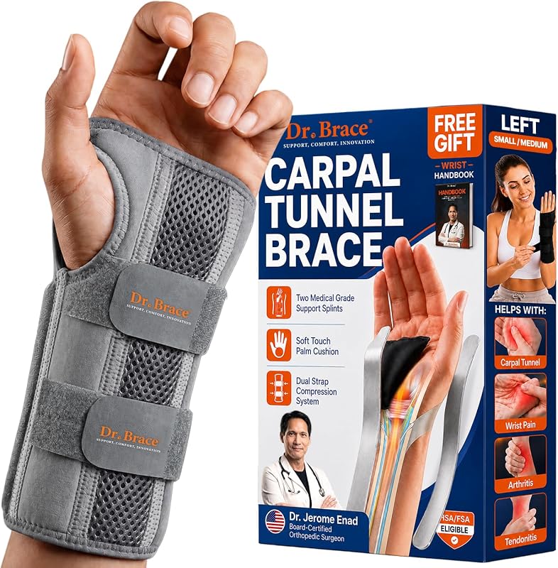 DR. BRACE Muñequera para túnel carpiano, soporte nocturno, soporte de mano para aliviar el dolor, tendinitis, esguince, artritis, férulas de muñeca dobles mejoradas y cojín terapéutico, para mujeres y hombres (S/M izquierda, gris)