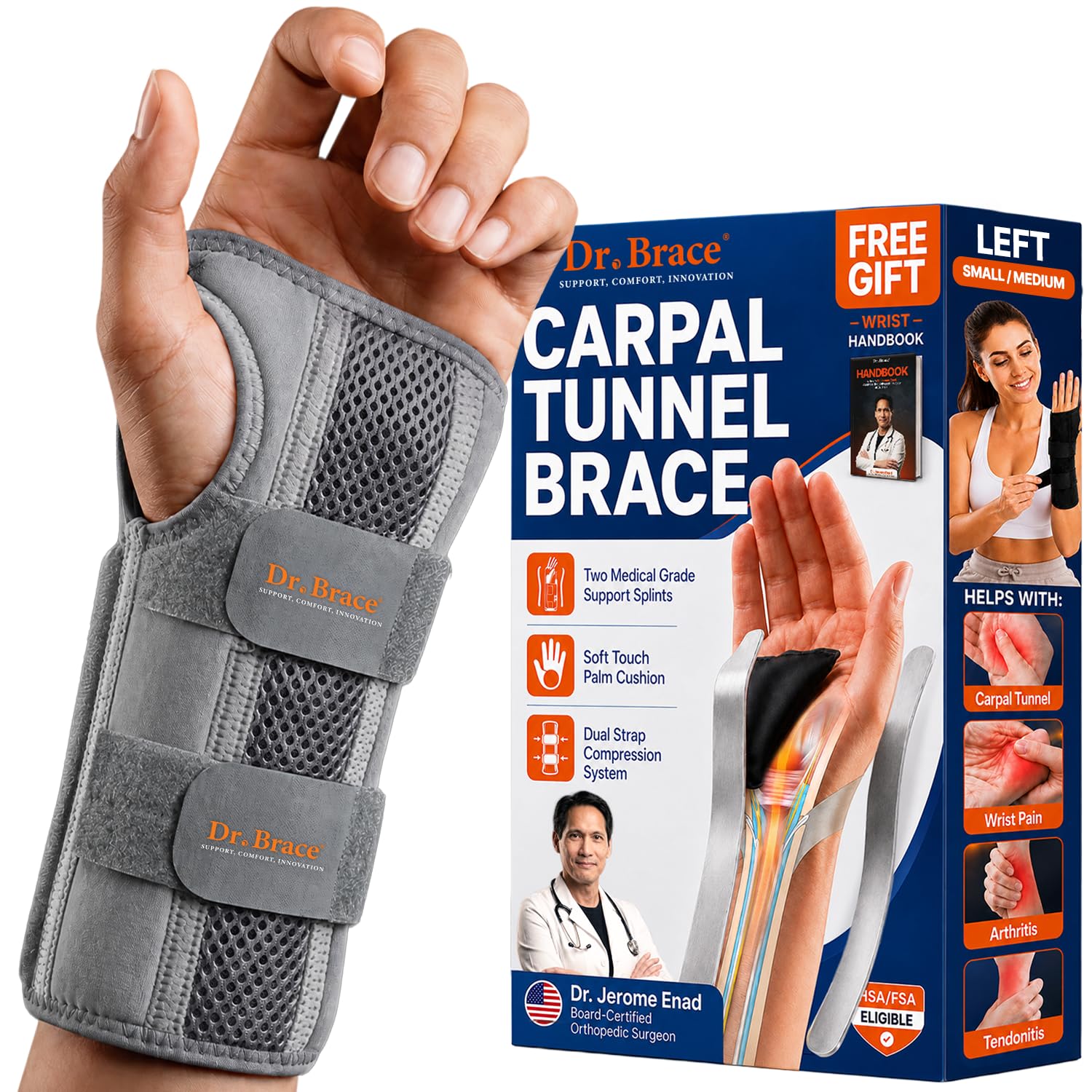 DR. Brace Muñequera para túnel carpiano (mano izquierda pequeña/mediana, gris)