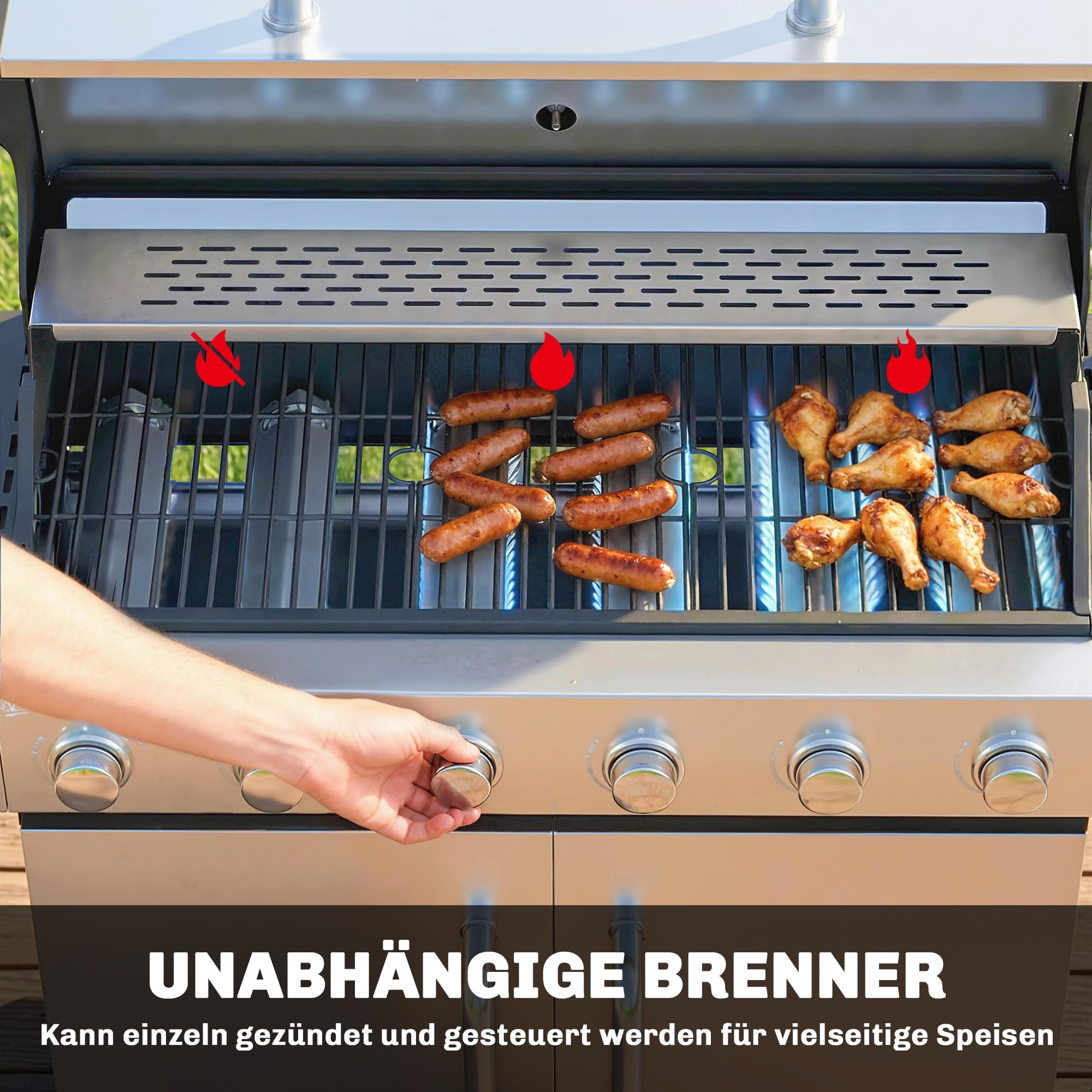 Outsunny Gasgrill 18,6 KW 6+1 Brenner BBQ Grillwagen aus Edelstahl inkl Rolle Seitenbrenner Thermometer Gusseisen-Grillrost Warmhalterost Seitentisch Unterschrank Gas-Grill für Balkon BBQ Party
