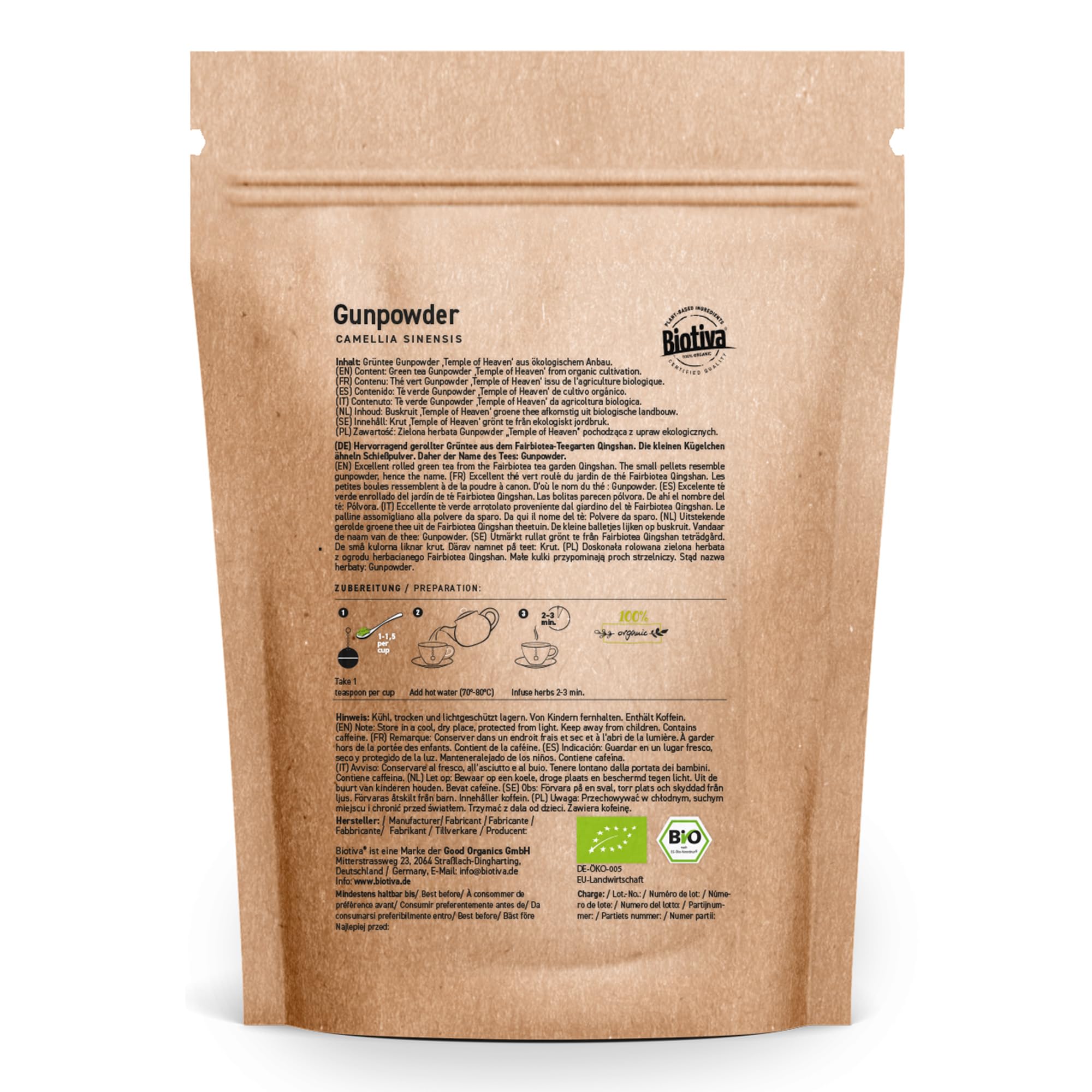 Biotiva Té verde Gunpowder Temple of Heaven orgánico 800 g - hojas de té verde esféricas - agradablemente suave, fresco, delicadamente fino, seco y dulce