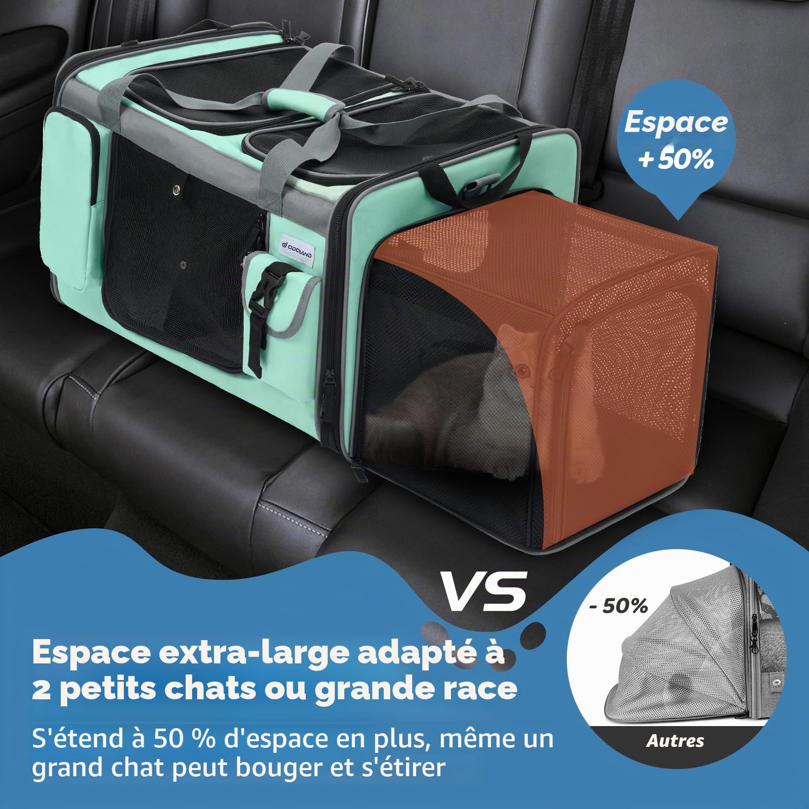 Odoland Transporteur pour Chat Extra Grand, Extensible pour 2 Chats, Sac de Voyage Pliable avec bac à litière, Double Compartiment, Transporteur Souple pour Voiture, Vert