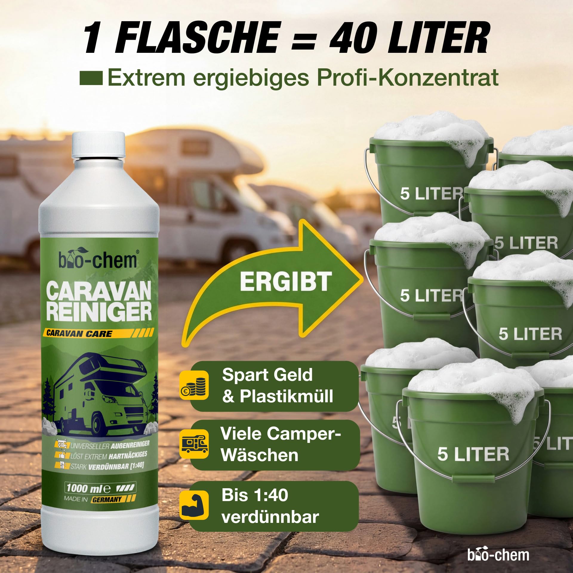 Bio-Chem środek do czyszczenia przyczep kempingowych i kamperów, bardzo mocny koncentrat, 2 x 1000 ml, środek czyszczący do przyczep kempingowych, przystawek namiotowych, środek do usuwania smug deszczu – Made in DE
