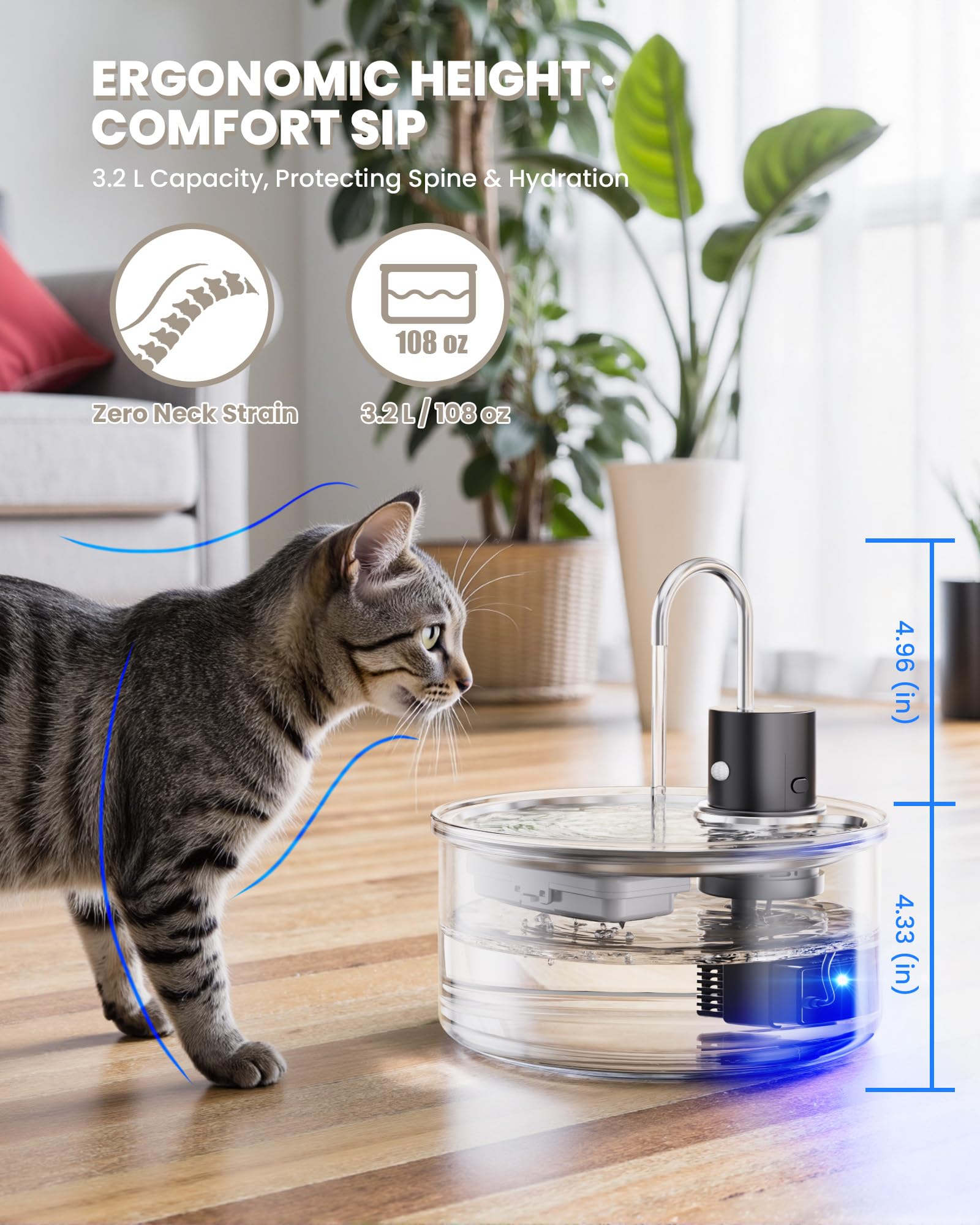 TOMXCUTE Draadloze Kattenfontein – 3 Liter – Op Batterij (5000 MAh) – Bewegingssensor – Met Roestvrijstalen Bak, Filter En Spons – Zwart