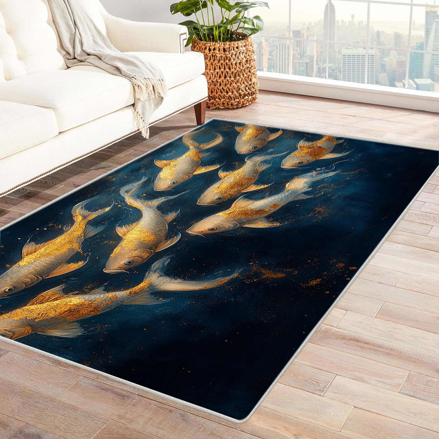 Tapis océanique poisson doré 240x300cm grand tapis de salon imprimé 3D lavable