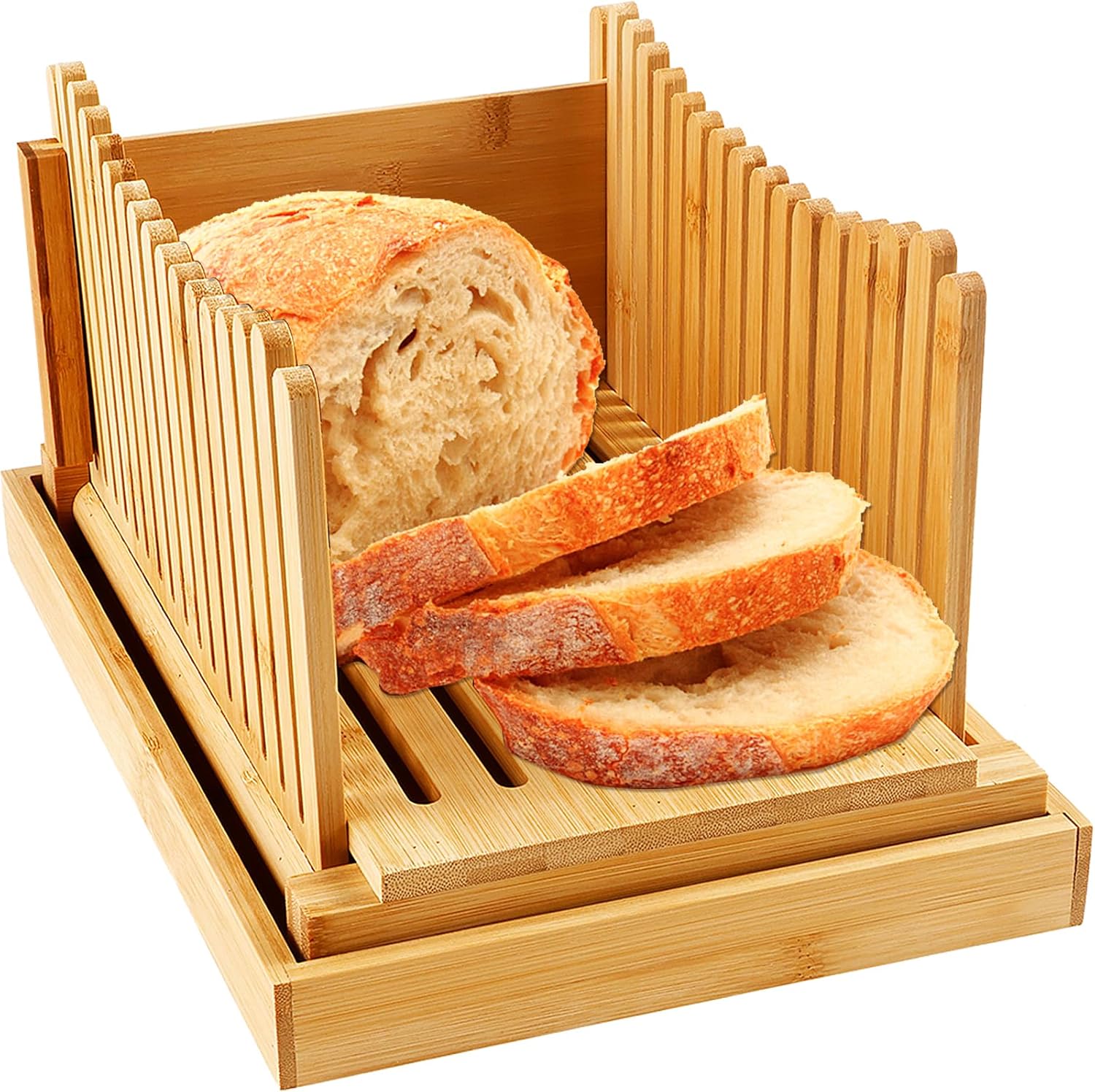Bagel Slicer, Homemade Bread Slicer, Bamboo Bread Slicing Guide with Tray, Foldable Toast Bread