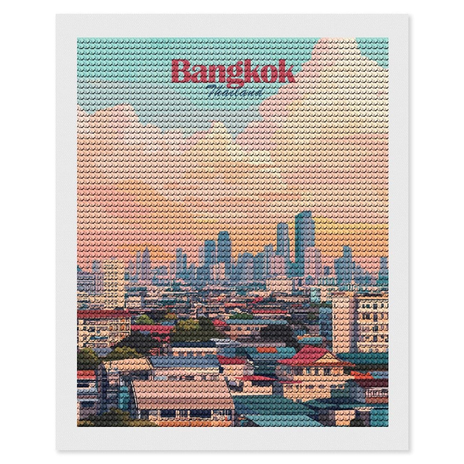 Junmoney Bangkok Thailand Cityscape Illustration Round Drill Diamond Painting 16"x20", Satisfying Creative Project, Complete Accessories, Printed Canvas