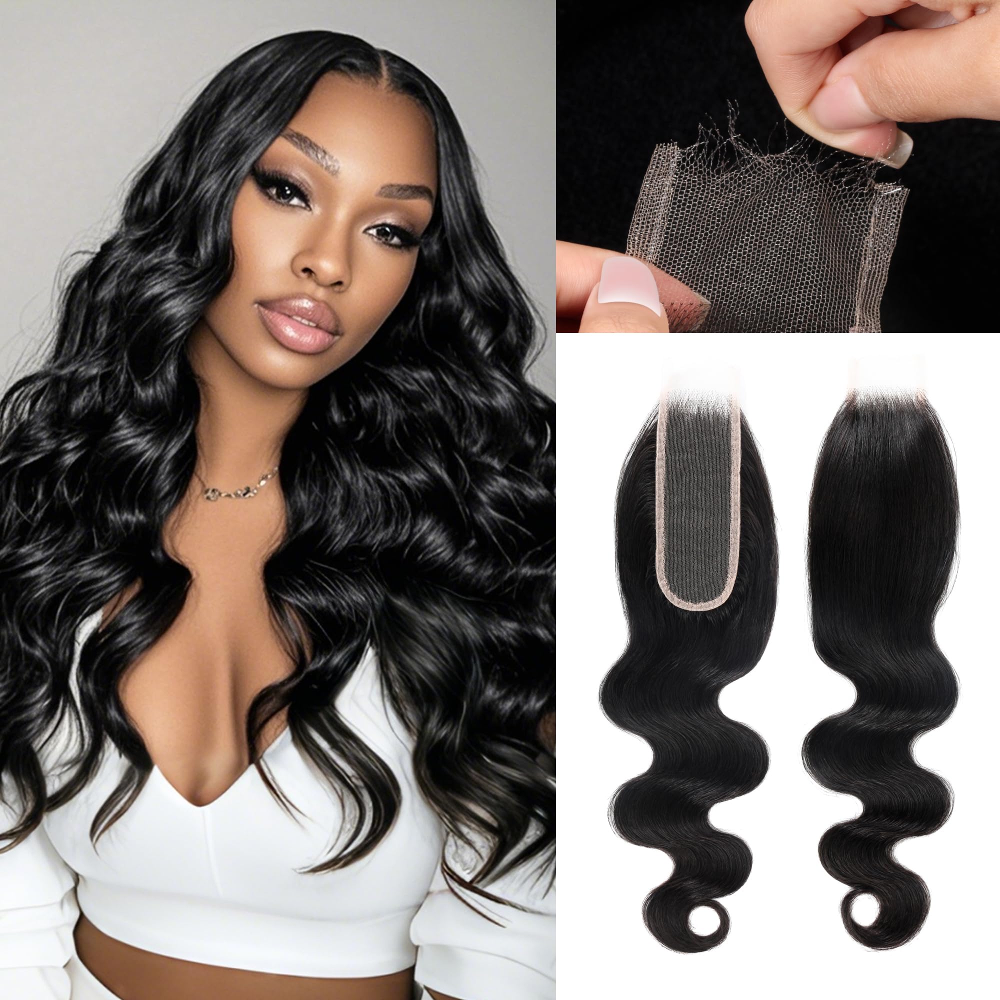 2X6 REAL HD Lace Closure Body Wave Human Hair 0.095mm Ultra-thin Invisible SKINLIKE HD Front Lace Closure Human Hair Pre Plucked Hairline Closure 14inch (1 Piece,Natural Black)