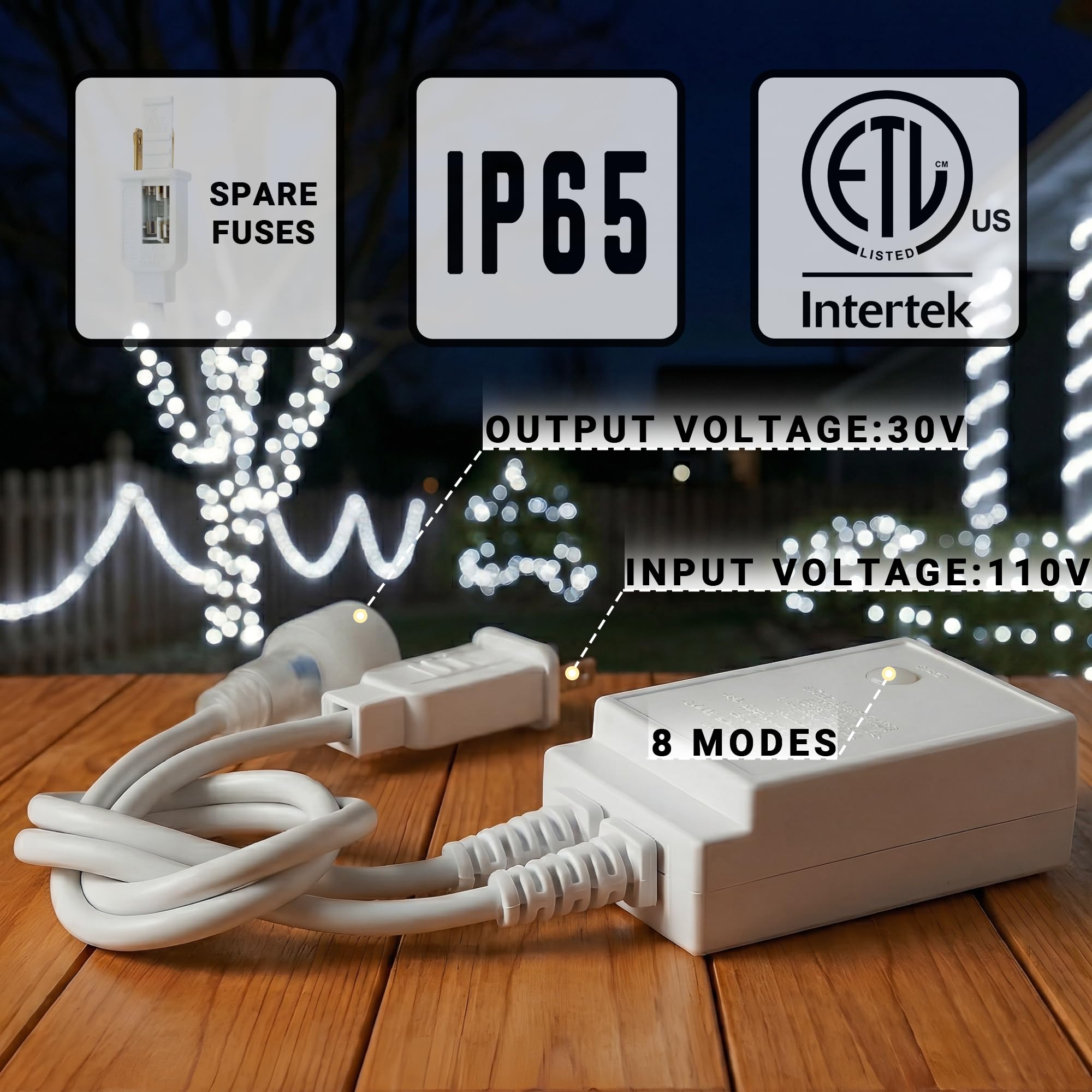 Cuerda de luces LED impermeables, conectable y flexible con 8 modos, iluminación exterior para cubierta, jardín, piscina, patio y decoración de Navidad (blanco, 20 pies)