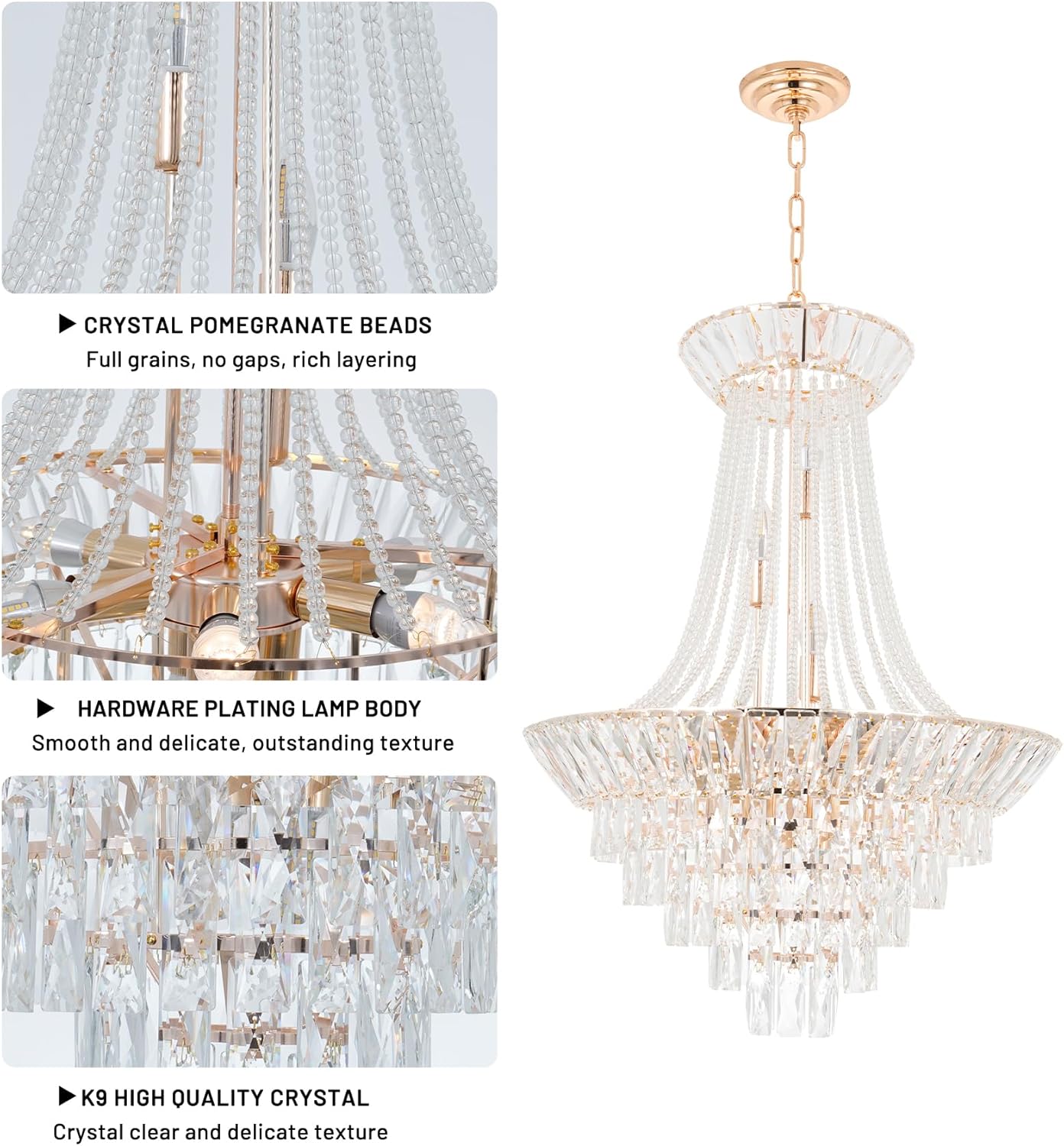 A Million Luxury Crystal Chandelier, 24 inch Modern Gold French Empire Crystal Ceiling Chandelier Lighting Fixture Lamp High Ceiling Hanging Light Home Decor Lamp for Living Room Bedroom Foyer