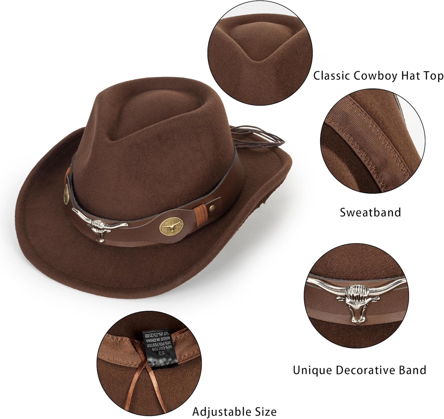 Western-Cowboy-Hat Classic Cowgirl-Hat for Kids Boys Girls Bull-Head Fedora for Party(4-8T)
