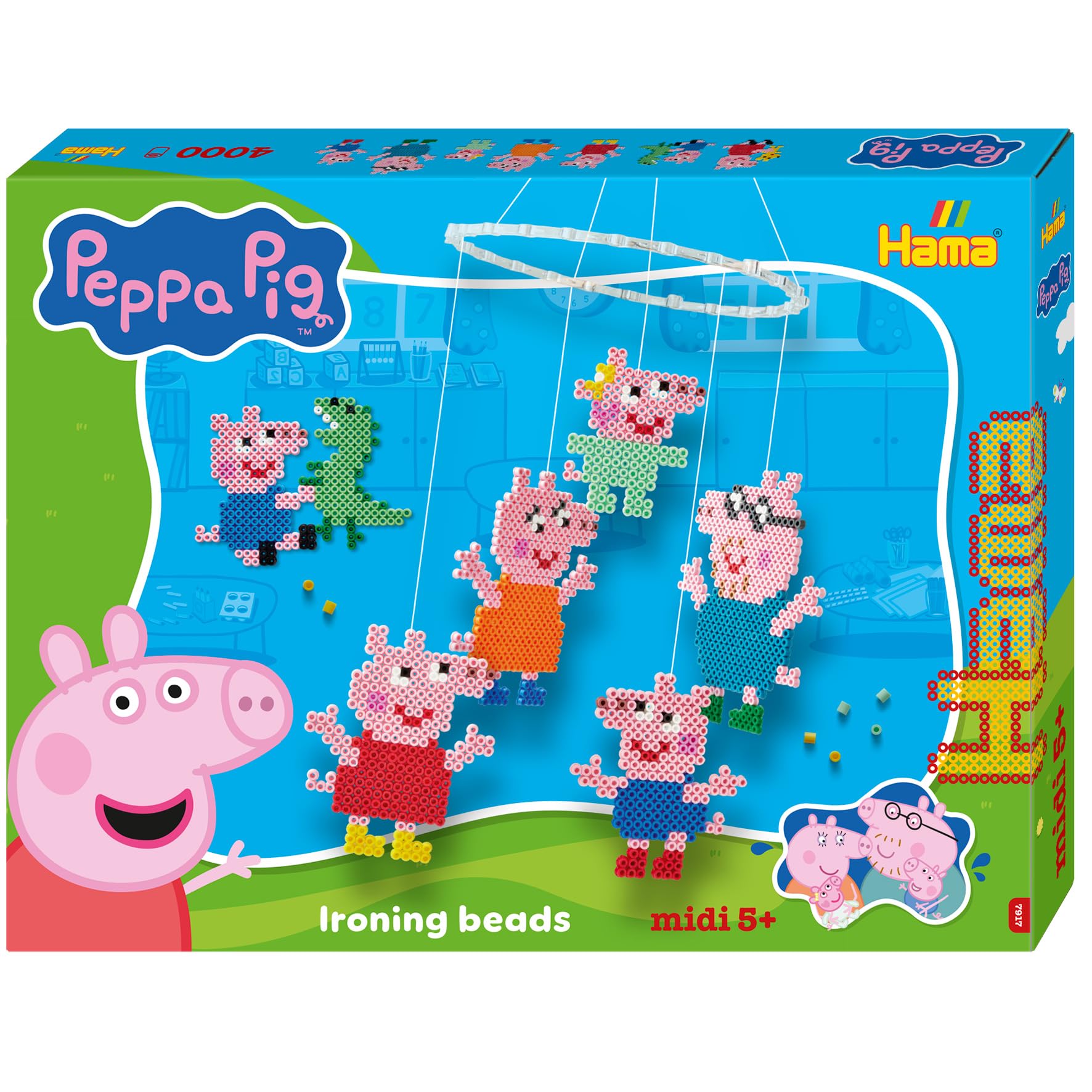 Hama Perlen 7917 Peppa Wutz & Schwester, große Geschenkpackung mit 4000 Midi-Perlen, 2 Stiftplatten, Motivvorlage, Bügelpapier, Anleitung und Mobile-Ring, Bastelspaß für Groß und Klein