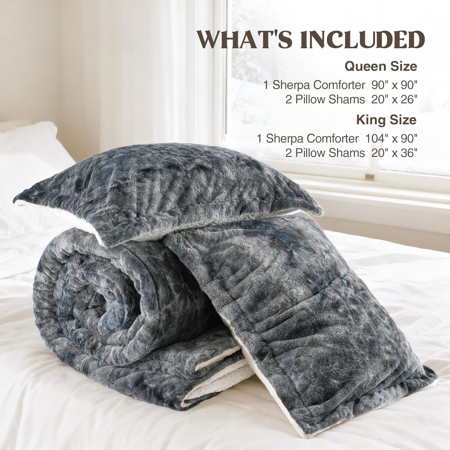 UNIKOME Sherpa Comforter Set Queen Size 3 Pieces,Soft Fleece Comforter Set,Warm Fluffy Plush Winter Bedding Set,Luxury Fuzzy Bed Set with Reversible Comforter & 2 Pillow Shams
