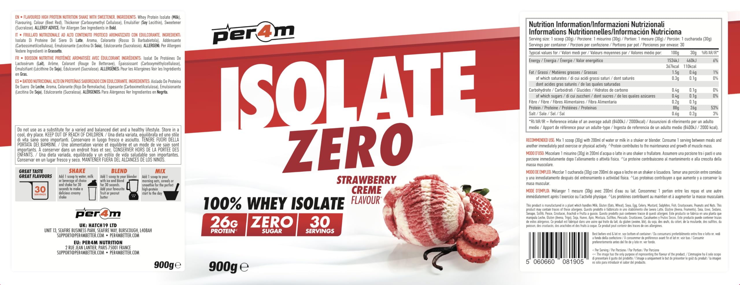 Per4m Whey Protein Isolate Zero, Poudre Protéinée pour Prise de Masse et Récupération Musculaire, Acides Aminés Essentiels, Faible en Sucre, Haute Protéine, Fitness Sport Gym – Strawberry – 900g