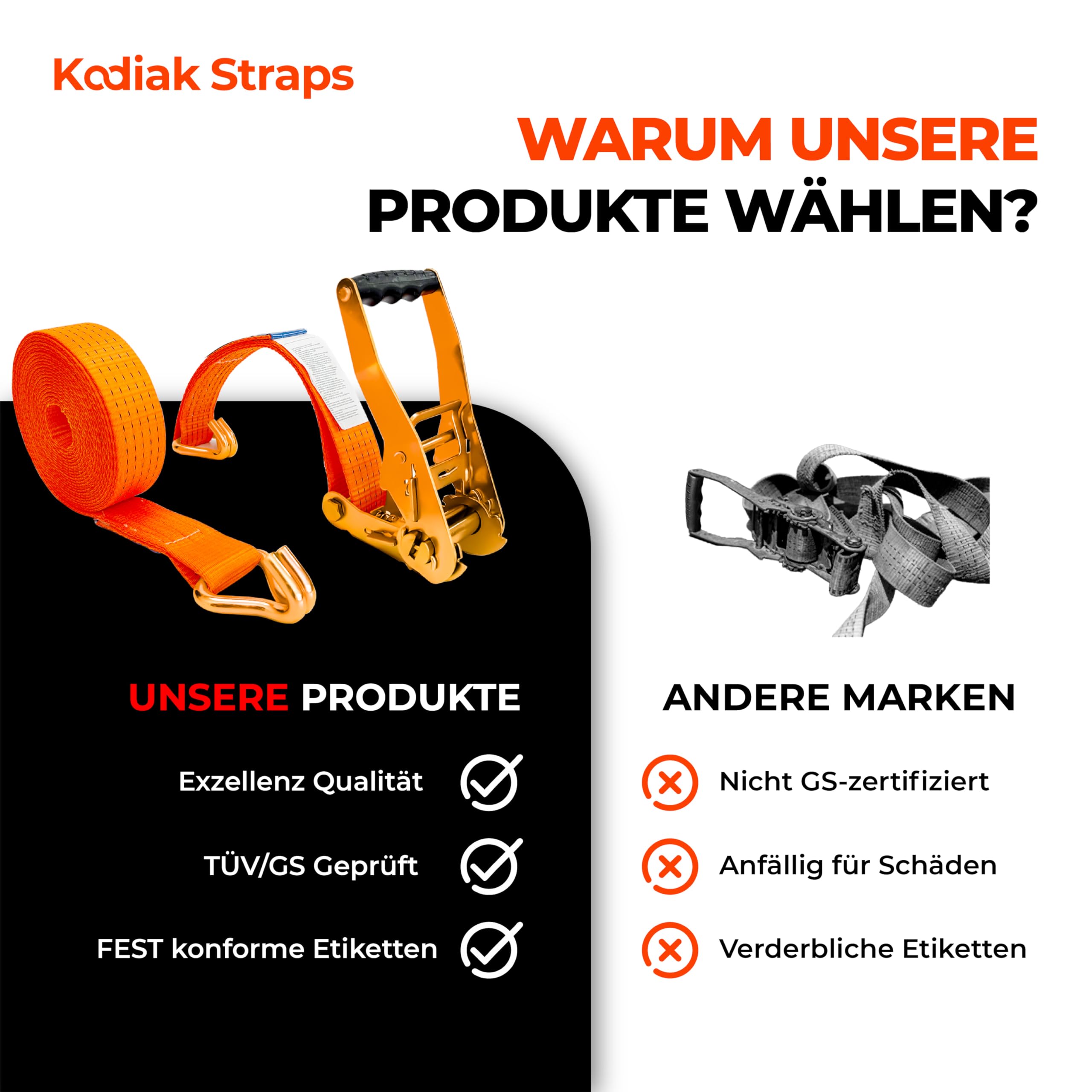 8 Stück Spanngurte 8m x 5000kg mit Ratsche und Haken - 50mm Zurrgurte mit Ratsche - Orange Ratschengurt für Ladungssicherung - TÜV/GS geprüft nach DIN EN 12195-2 - KODIAK STRAPS