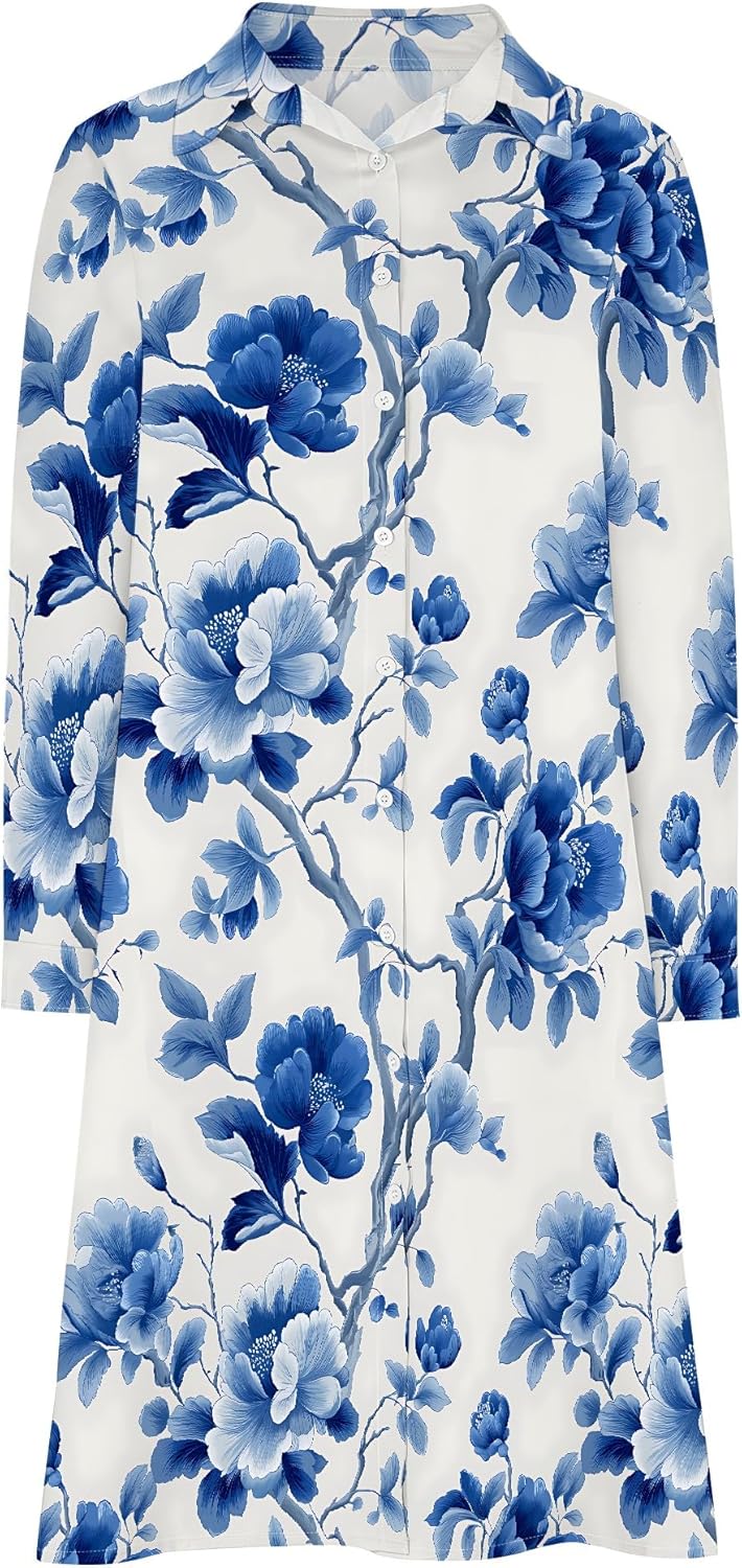 Shirt Dresses for Women 2025 Summer Long Sleeve Casual Plus Size Floral Printed Beach Vacation Dress with Pockets - Image 5