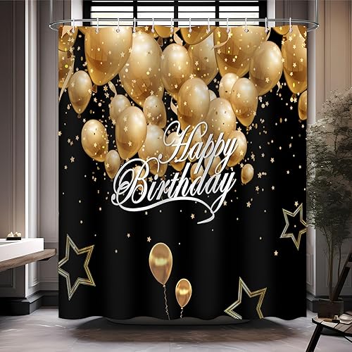Miniatura 3 de Cortina de ducha de feliz cumpleaños, fiesta de cumpleaños, celebración, día de fiesta, telón de fondo negro y globos dorados, juego de decoración