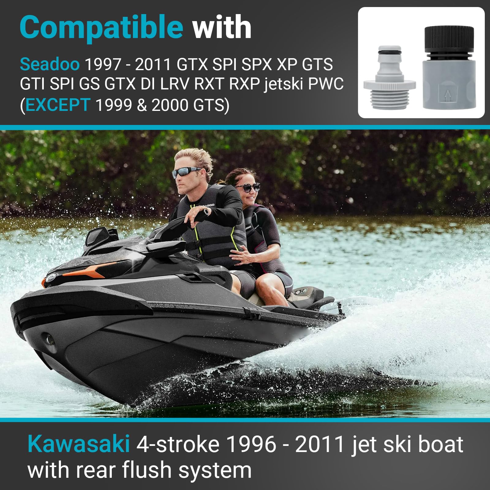 Quick Connect Kit adaptateur de chasse d'eau pour Seadoo – Adaptateur de chasse d'eau pour Sea Doo 1997-2011 Jetski PWC (sauf 1999 et 2000 GTS) et Kawasaki 4 temps 1996-2011 Jet Ski Boat avec