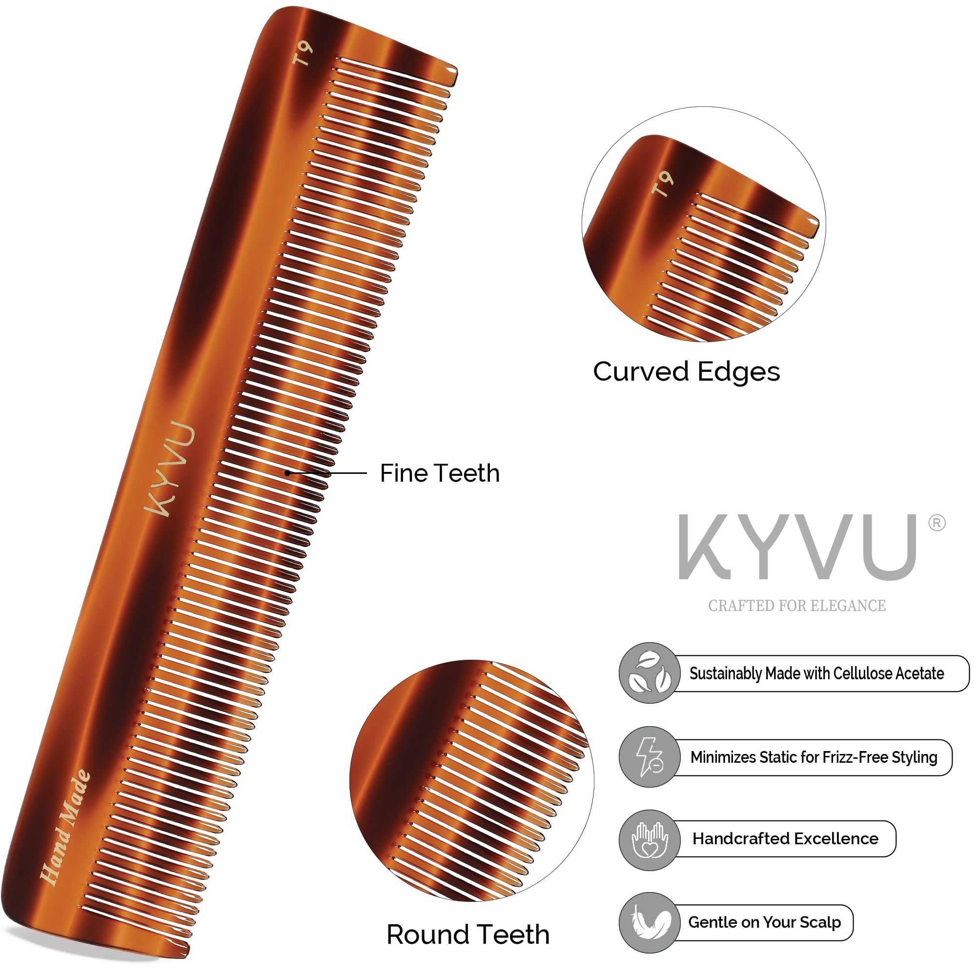 KYVU Handmade Cellulose Acetate Comb T9, 18.7 cm, FINE Teeth, Tortoiseshell Colour, Hair Styling for Men & Women - Image 2