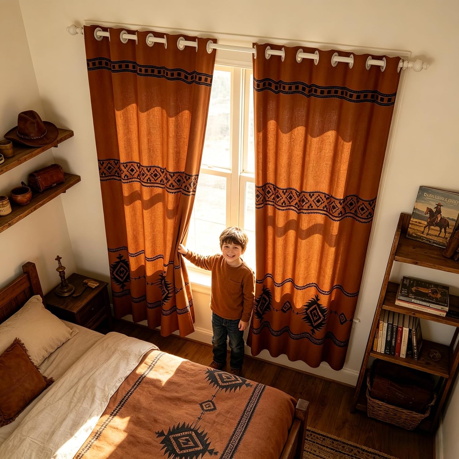 Manfei Western Cowboy Kids Blackout Curtains,Geometric Aztec Southwest Tribal Indian Window Drapes for Girls Boys,Rustic Farmhouse Brown Retro Window Treatments Grommet Top 2 Panel Set,52Wx84L inch