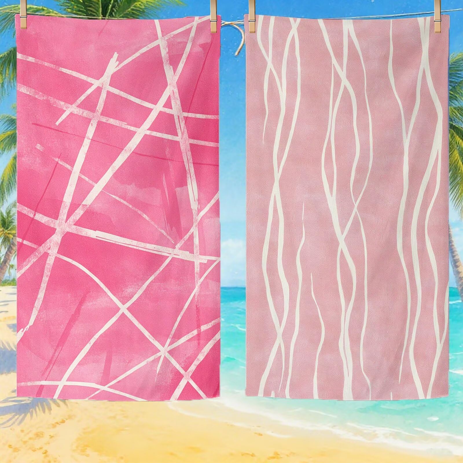 Serviette de Plage Microfibre Serviette Plage 100x220 2 Pack Séchage Rapide, Anti-Sable, Absorbante Fonction Drap de Plage XXL pour Bain, Sport, Voyages, Sauna, Piscine, Yoga, avec Sac Moderne Q-653
