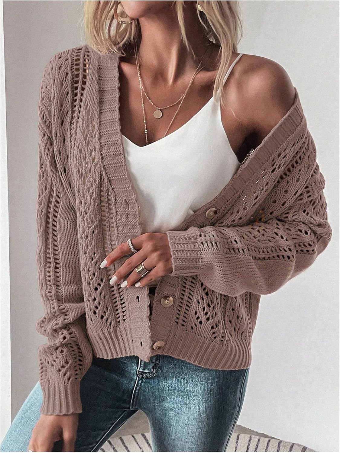 SHENHE Women's Crochet Cardigan Hollow Out Open Knit Button Down V Neck Sweater Knitwear - Image 4