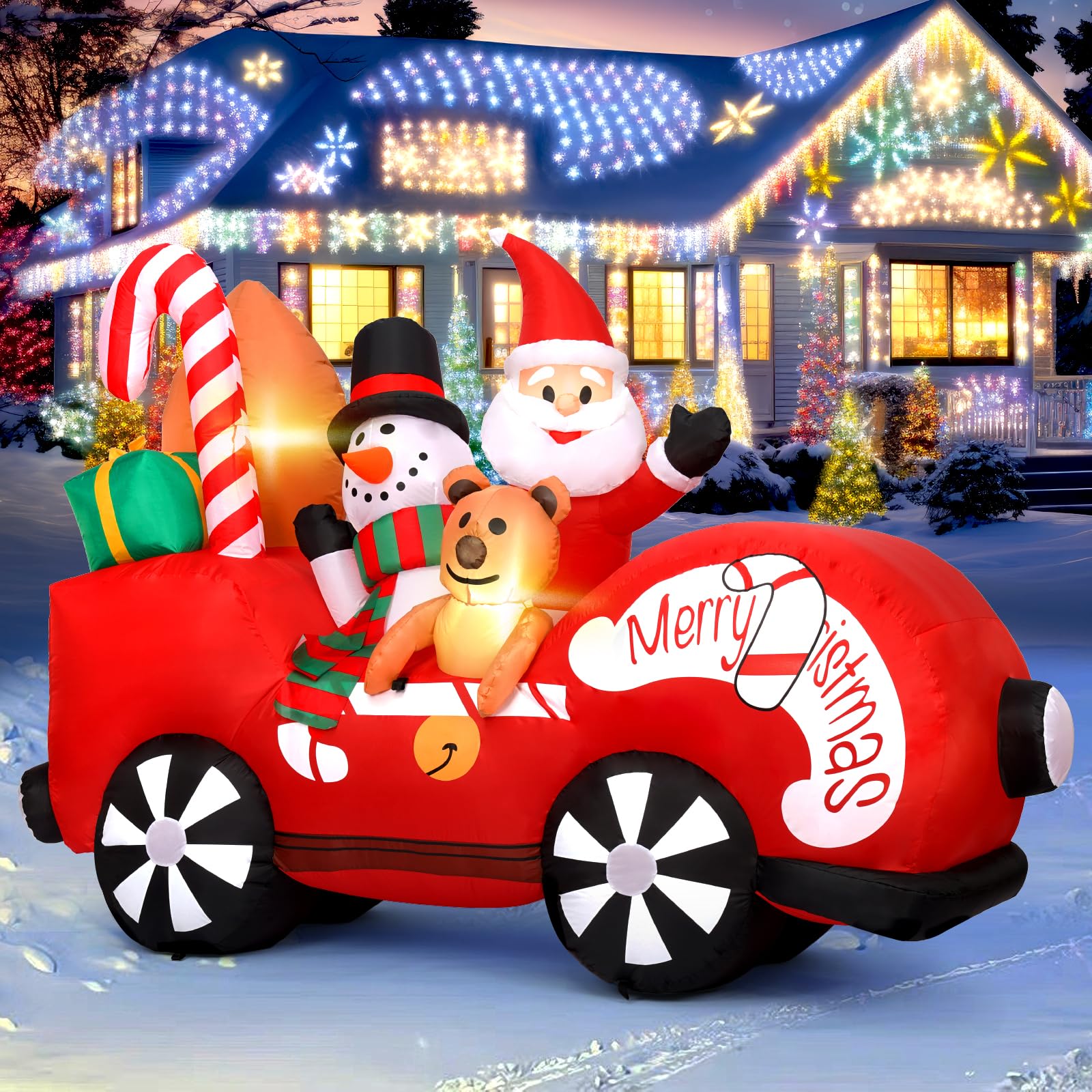 Décoration de Noël gonflable d'extérieur de 2,1 m, Père Noël gonflable avec bonhomme de neige et ours, décorations de cour gonflables avec LED intégrée pour décoration de vacances, pelouse, cour