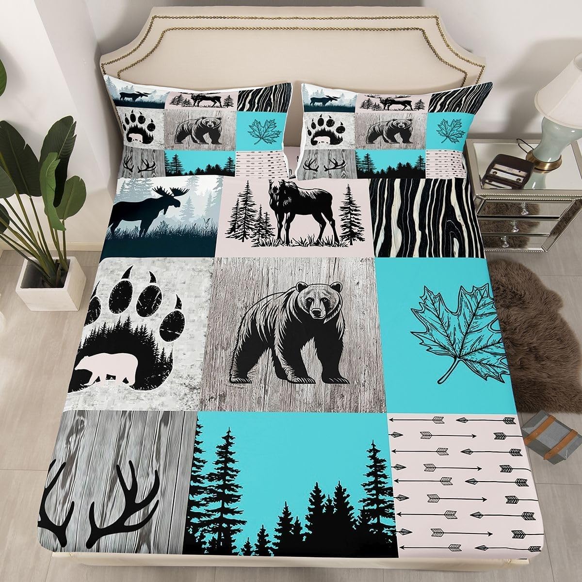 Wild Animals Single Fitted Sheet Leaves Bed Sheets Deep Pocket 12 inch (30 cm) Soft Cozy 3 Piece Microfibre Bed Sheet 90x190 cm with 2 Pillowcases 50x75 cm