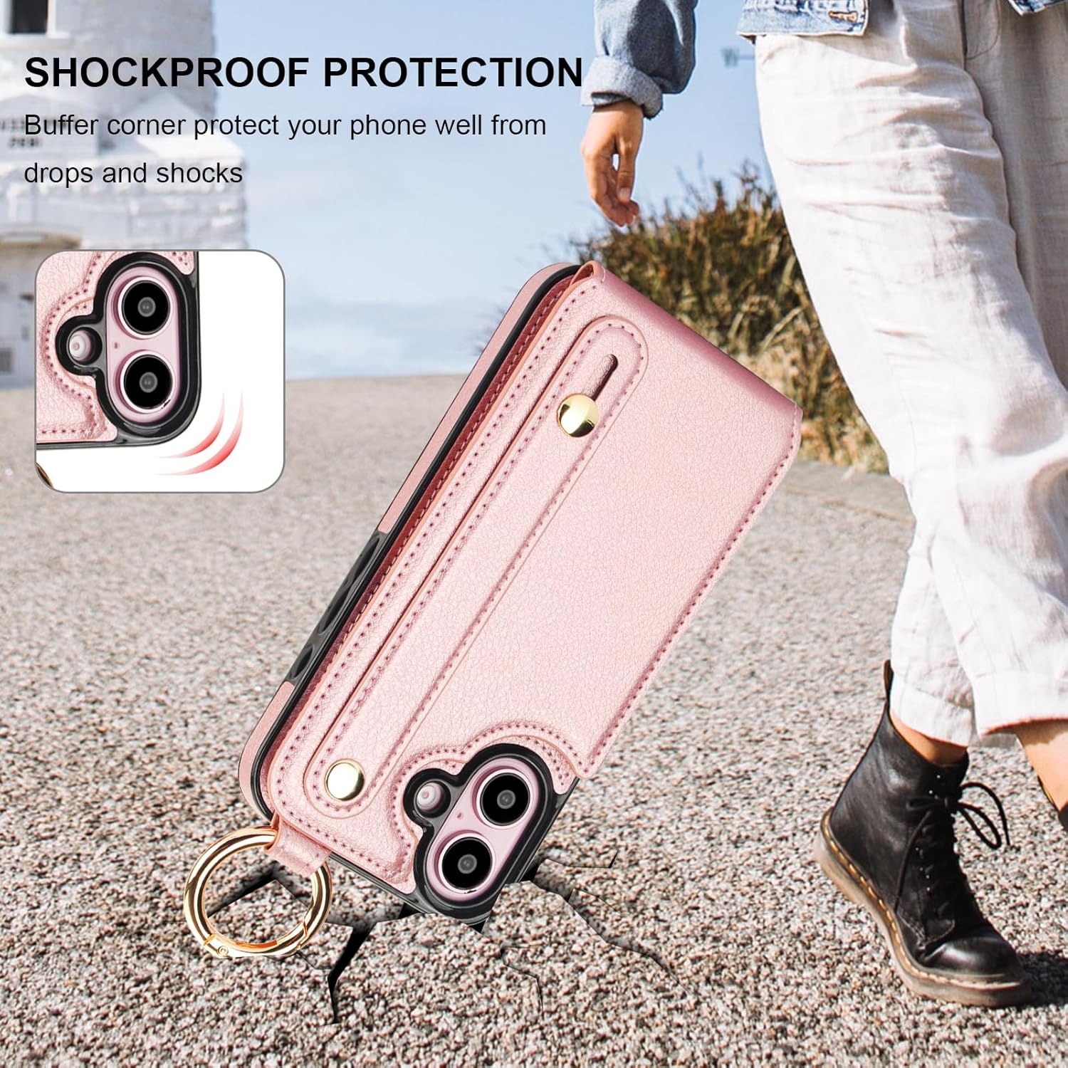 Folosu for iPhone 16 Wallet Case with Card Holder, Hand Wrist Strap Loop Holder Kickstand, RFID Blocking Finger Grip Ring PU Leather Double Buttons Shockproof Cover 6.1" Rose Gold